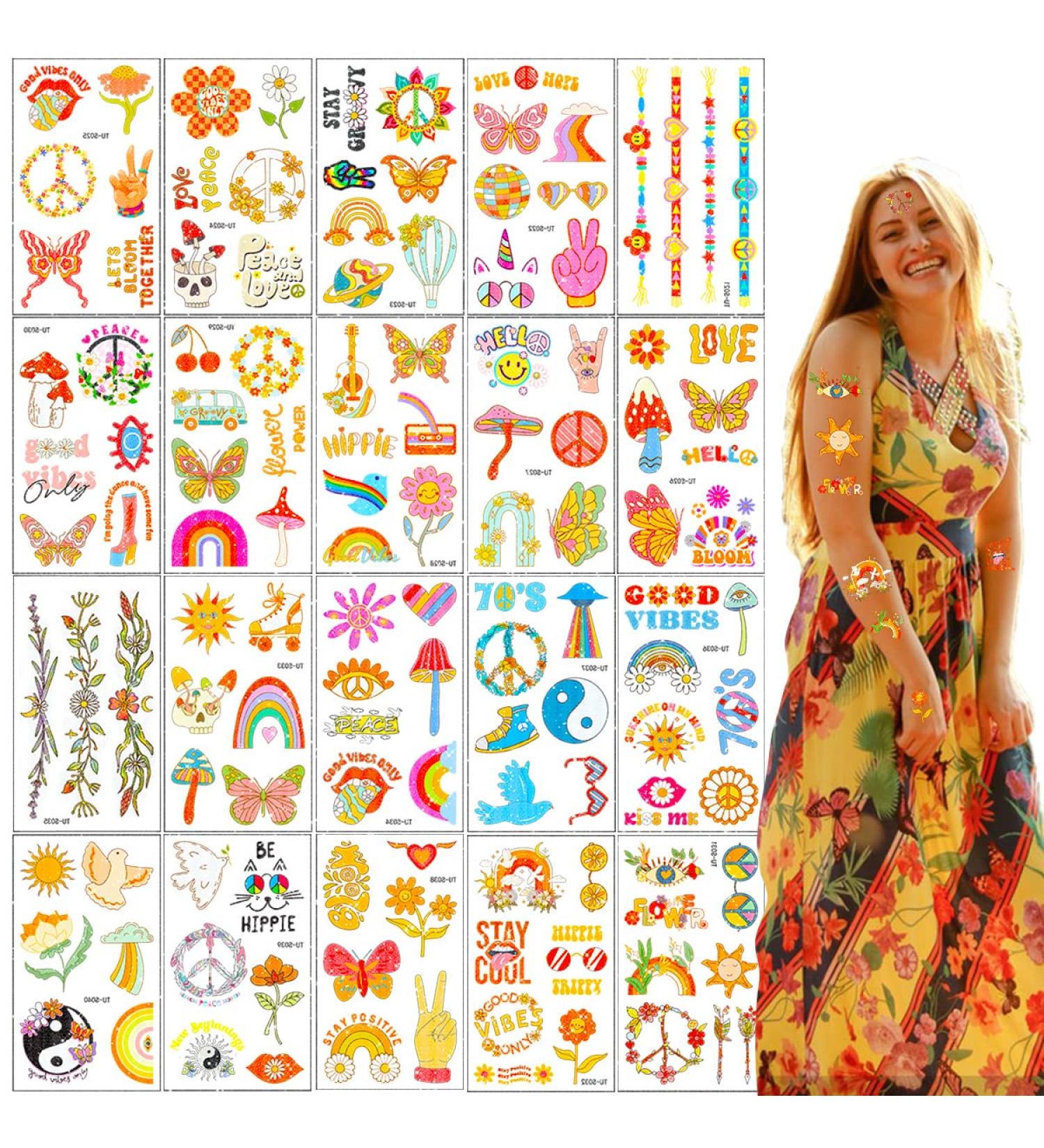 Groovy 70s Temporary Tattoos - Flower Glitter Fake Tattoo Stickers for Retro Hippie Decor - 20 Sheets - Buy Online on GoSupps.com