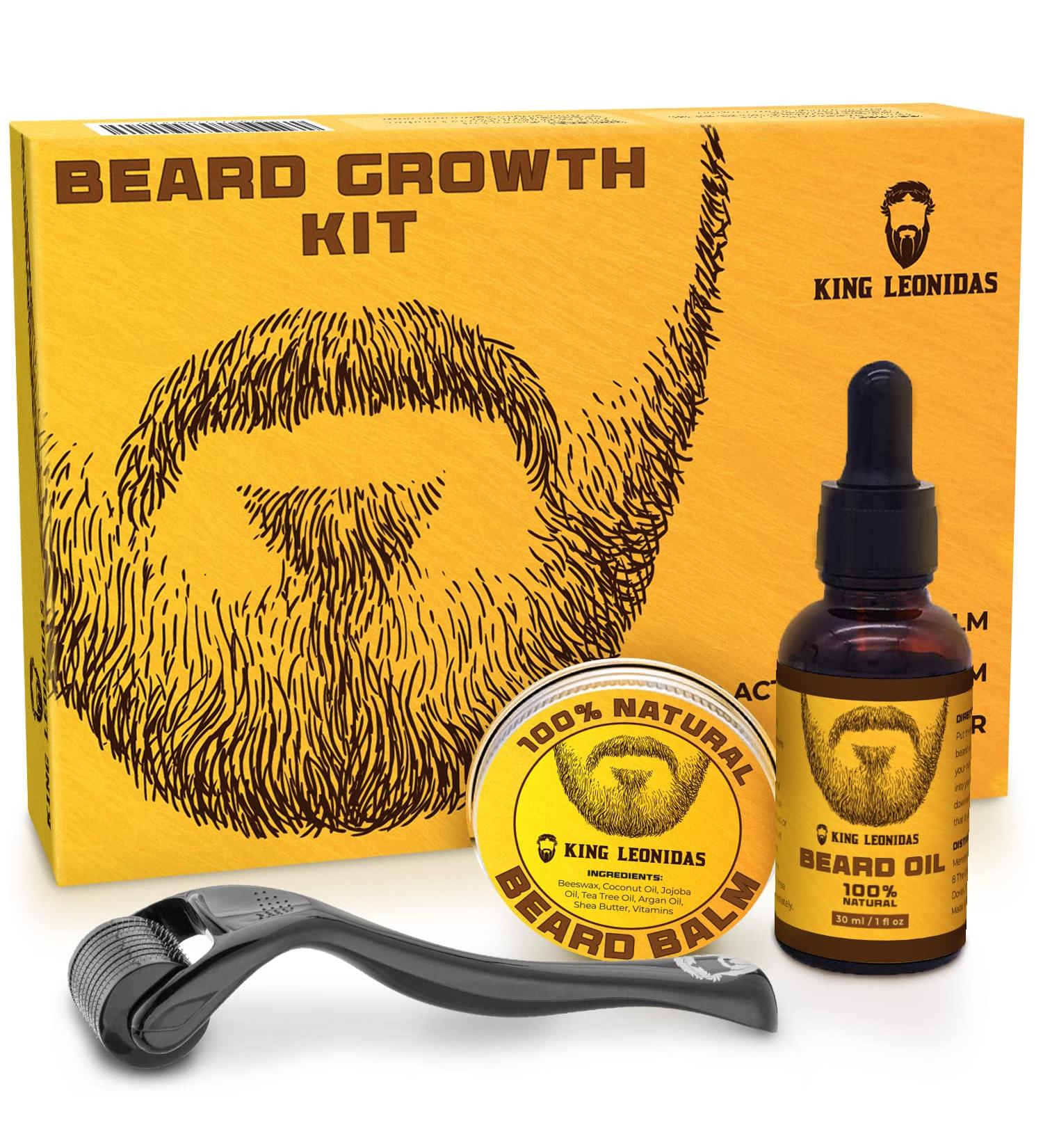 KING LEONIDAS Beard Kit: Organic Oil, Titanium Derma Roller & Natural Balm - Men's Grooming & Beard Care Set - Buy Online on GoSupps.com