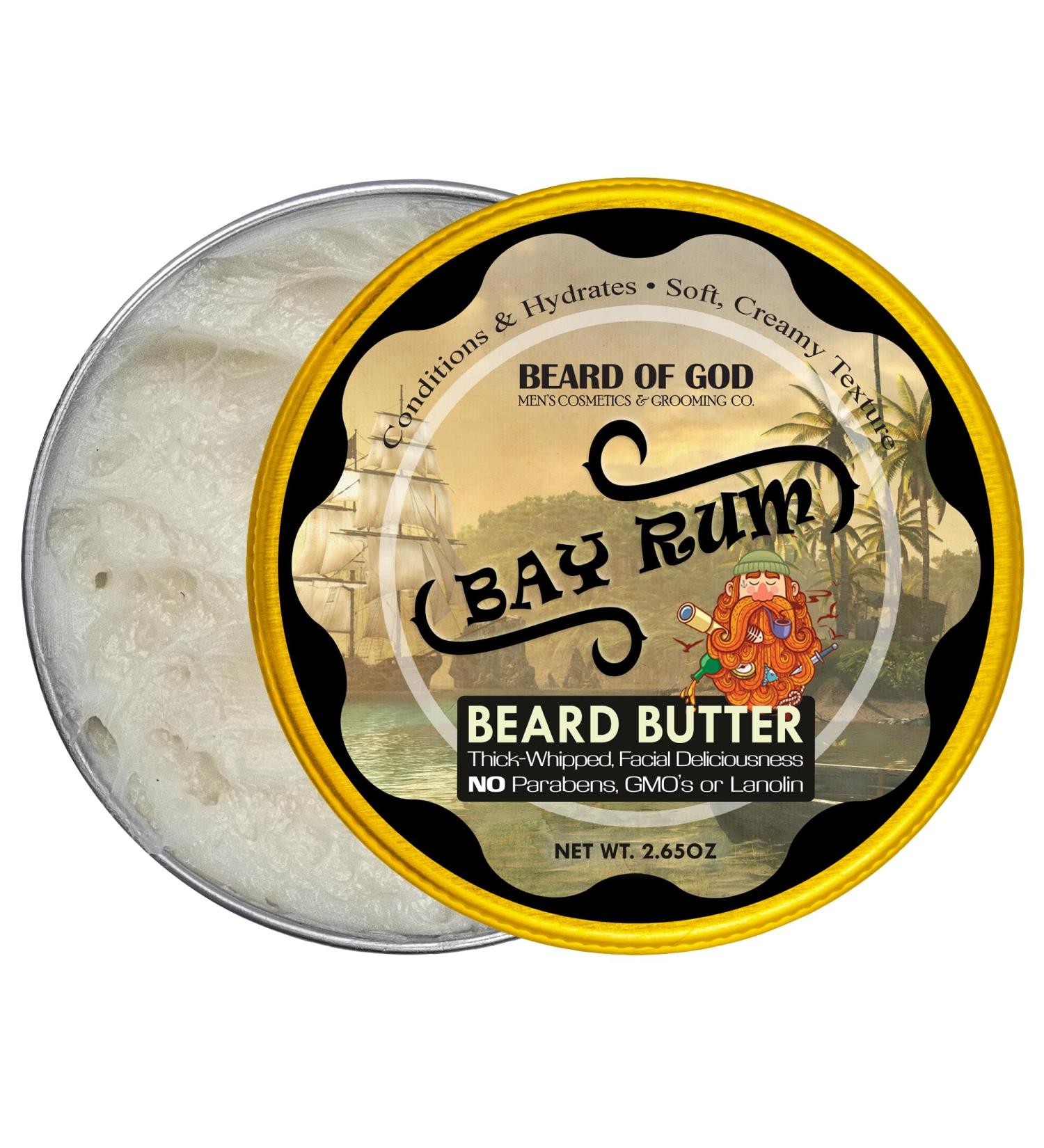 Bay Rum - 2.65 oz. Thick-Whipped Beard Butter - Natural Organic & Crafted in USA by Beard of God - Stimulates Hair Growth & Beard Thickness Keeps Straggler Down Low Sheen
