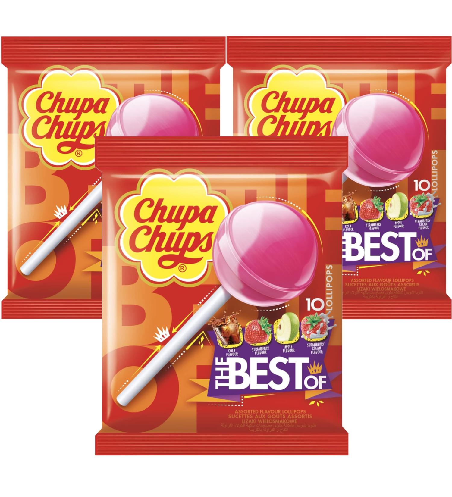 Chupa Chups Lollipops Bulk Sweets The Best Iconic Flavours Strawberry Apple Cola - Perfect for Party Bag Sweets Sharing Lollies - Lollies Sweet Bulk Mix for Kids & Adults 3x10 pack + Cheeroo Magnet - Buy Online on GoSupps.com