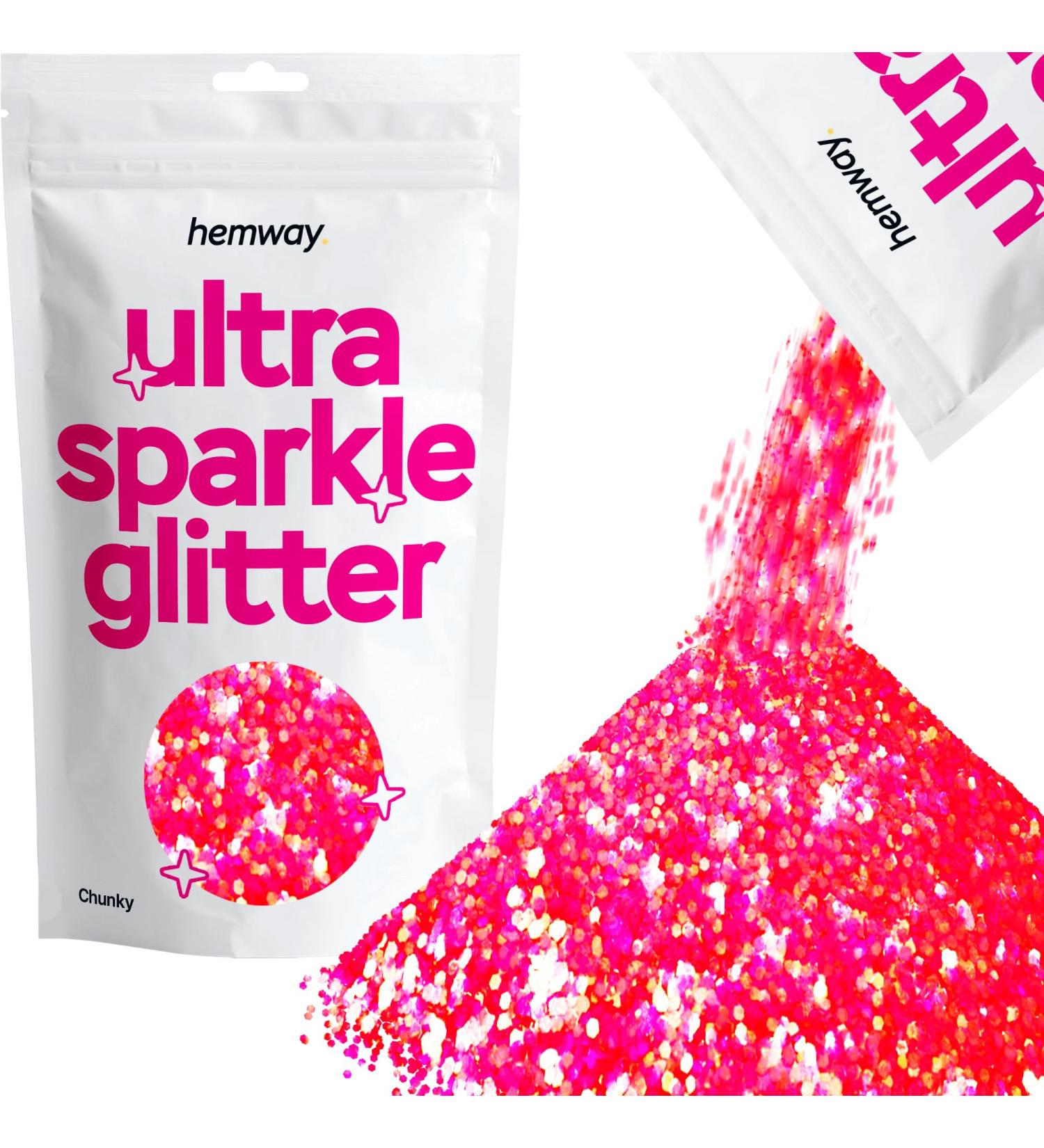 Hemway Premium Ultra Sparkle Glitter - Fluorescent Pink Chunky (100g) for Arts & Crafts Nails Cosmetics and Festivals - Multi-Purpose Metallic Flake - Buy Online on GoSupps.com