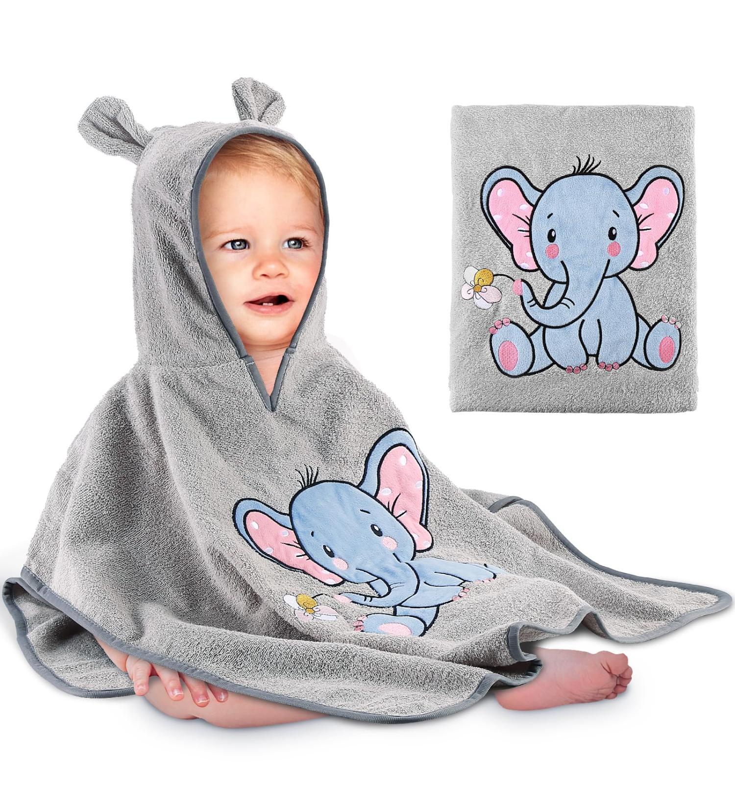 Yosemy 100% Cotton Hooded Baby Towel Poncho - Soft & Absorbent Bathing Towel for Children 0-3 Years - Light Gray Elephant Design - Buy Online on GoSupps.com