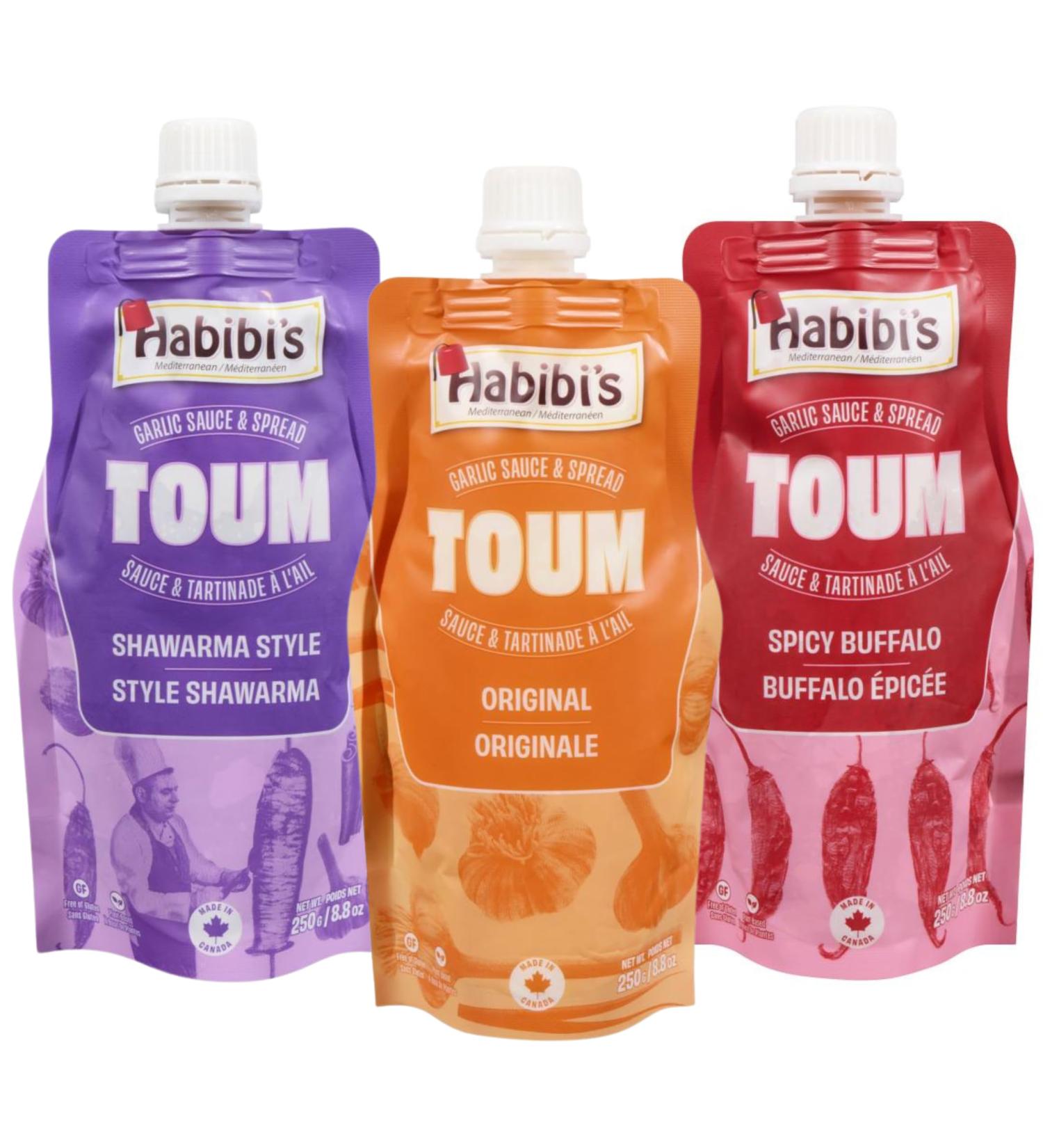 Habibi's Mediterranean Variety Pack Toum Garlic Sauce Marinade Spread and Dipping Sauce 3x 250g Gluten Free Plant Based Egg Free No Preservatives Made in Canada - Buy Online on GoSupps.com