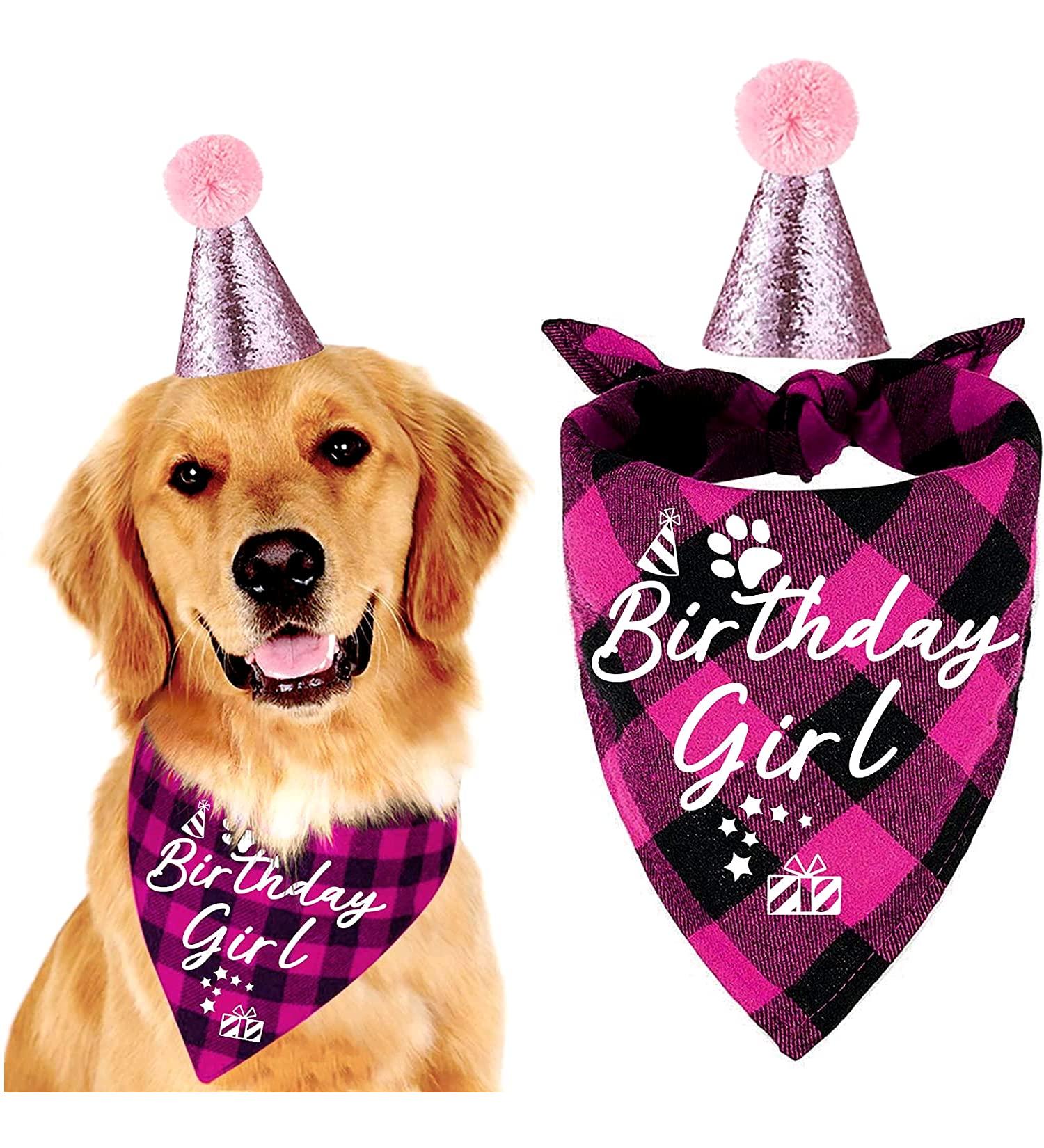 easycozy Classic Pink Plaid Pet Puppy Dog Bandana with Dog Birthday Party Hat Accessories Girl Dog Birthday Bandana Scarf Bibs for Pet Birthday Outfit Party Supplies Set - Buy Online on GoSupps.com