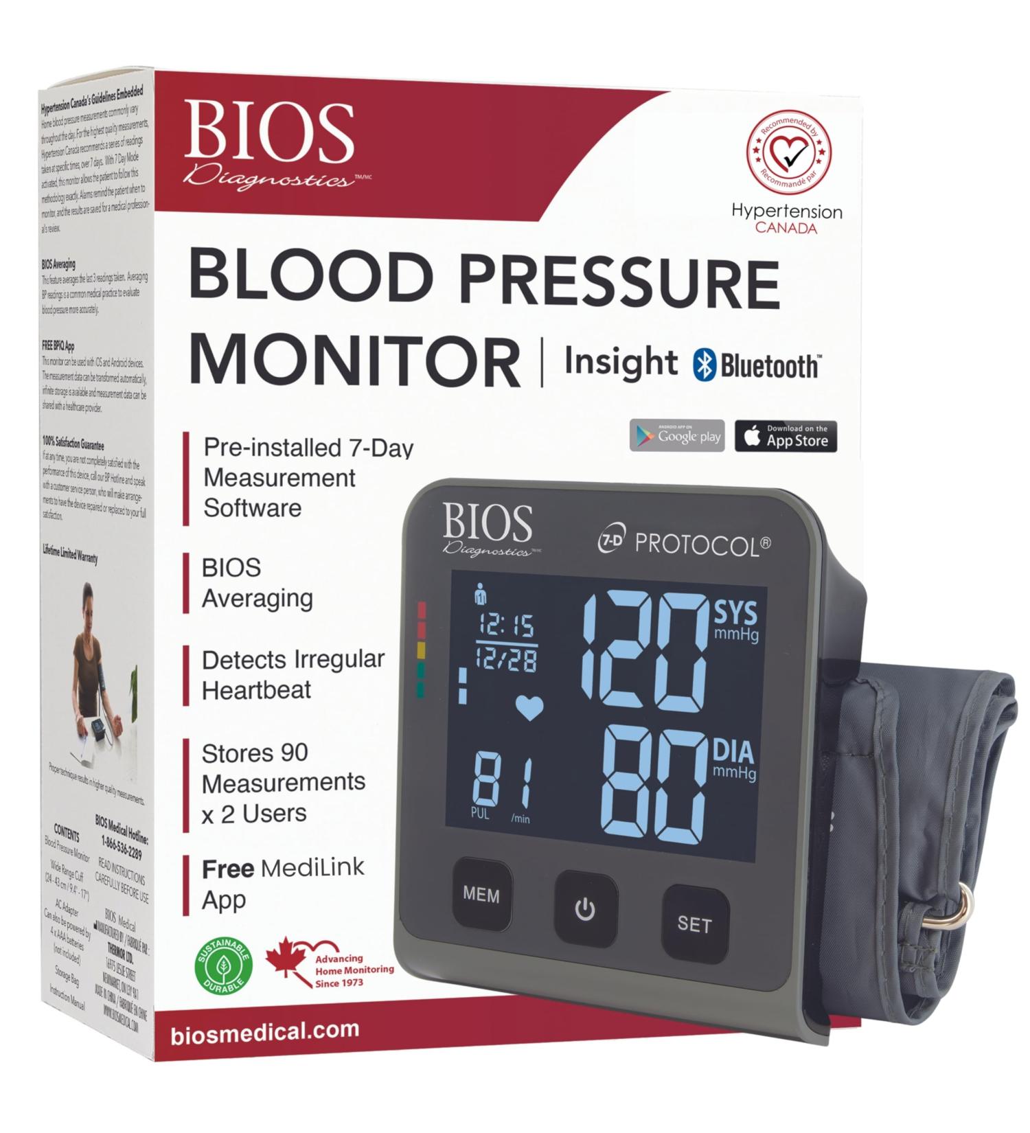BIOS Diagnostics Blood Pressure Monitor #1 Canadian Blood Pressure Manufacturer* 2 Users 90 Memory BIOS Averaging Detects Irregular Heartbeat Jumbo Backlit LCD Display 7 Day Measurement Software - Buy Online on GoSupps.com