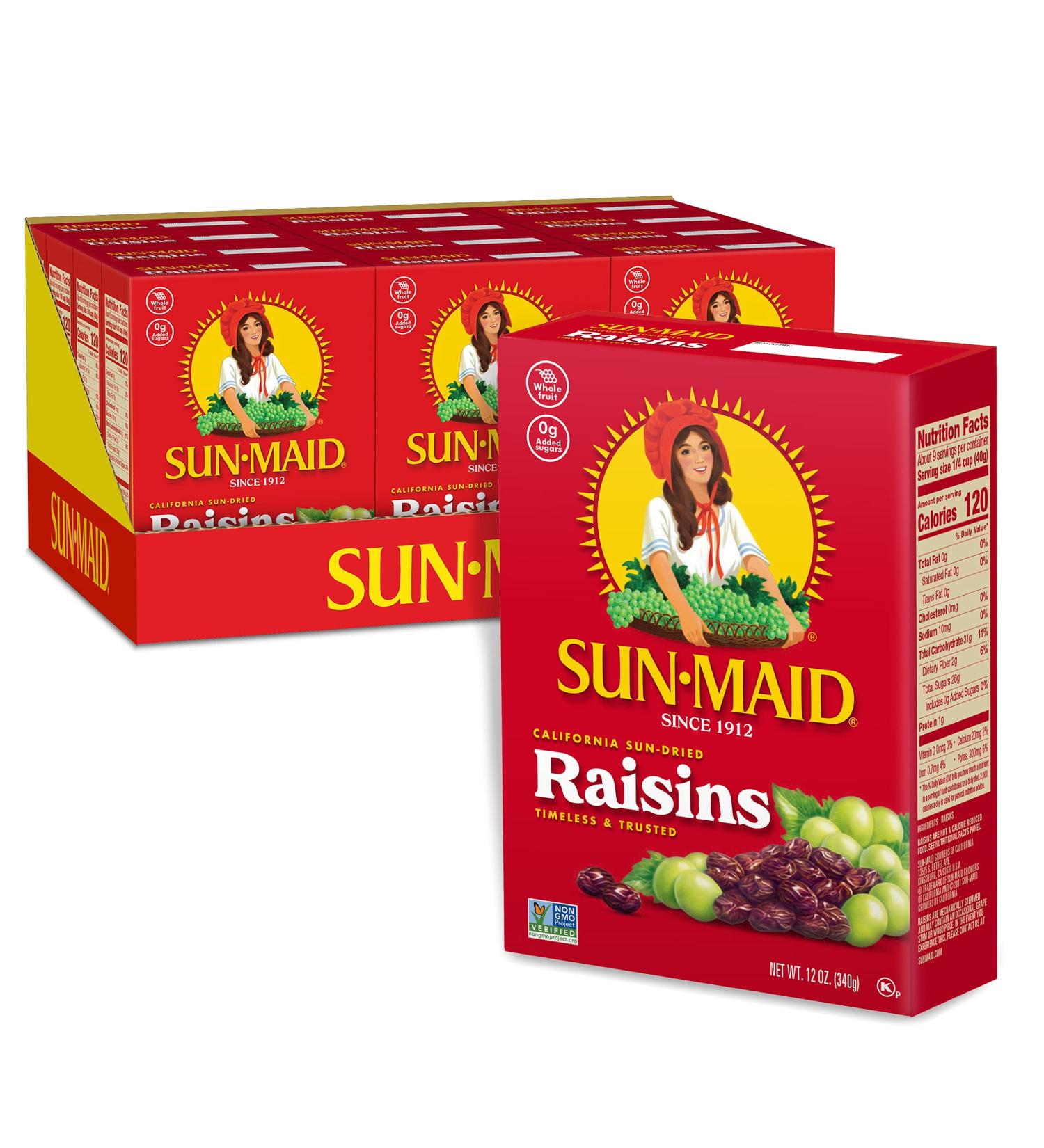 Sun-Maid California Raisins - 12 oz Boxes (Pack of 12) | Natural Dried Fruit, No Sugar Added, Gluten-Free, Non-GMO | Vegan & Vegetarian Friendly - Buy Online on GoSupps.com