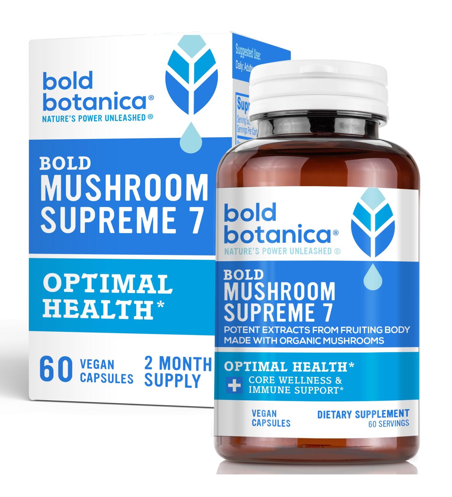Bold Botanica Mushroom Supreme 7 Mushroom Supplement Organic Extracts of Turkey Tail Chaga Phellinus Reishi Cordyceps Maitake Shiitake for Immune Support & Optimal Wellness 60 Caps - Buy Online on GoSupps.com