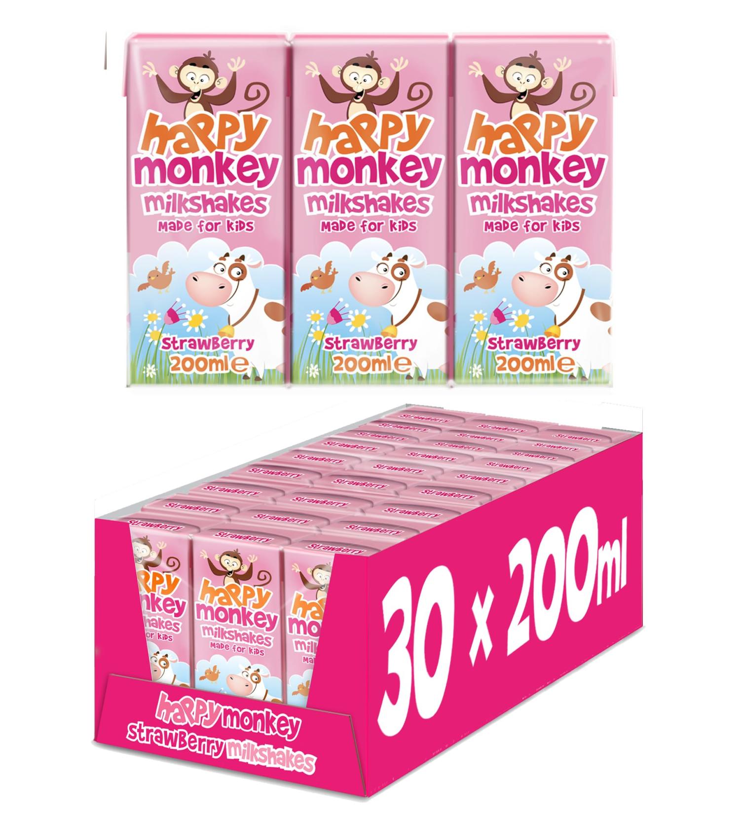 Happy Monkey Milkshakes (Strawberry 30 x 200ml) All the Goodness of Milk No Artificial Colours or Flavours School Approved Naturally Rich in Calcium Ready to Drink. Strawberry Milkshake 30x200ml - Buy Online on GoSupps.com