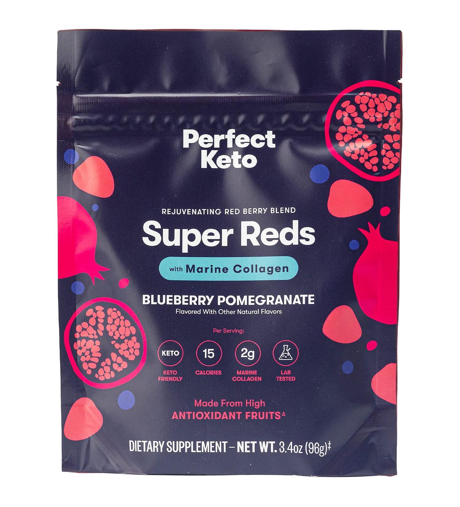 Perfect Keto Super Reds Superfood Powder Antioxidants Supplement with Fruit & Vegetable Powder Polyphenols & Marine Collagen Drink Mix for Skin & Energy Support Blueberry Pomegranate 20 Servings - Buy Online on GoSupps.com