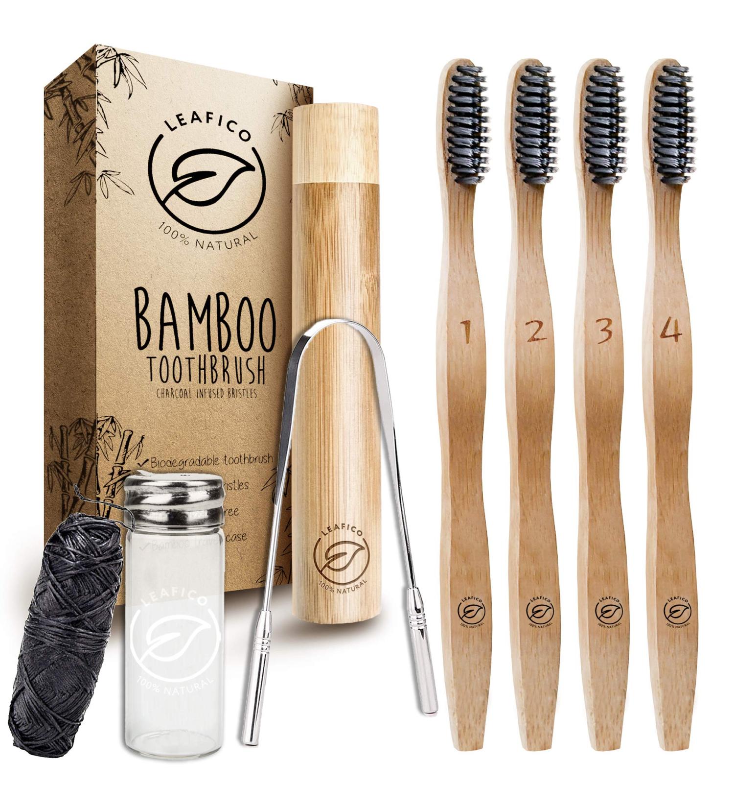 LEAFICO Bamboo Toothbrush Set with Travel Case - Dental Floss, Tongue Scraper - Eco-Friendly, Charcoal Infused Bristles for Natural Whitening - BPA Free - Vegan, 7 Piece Zero Waste Gift - Buy Online on GoSupps.com