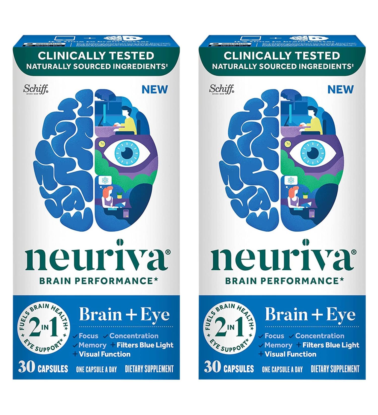 Neuriva Brain + Eye Support Capsules (30 ct) | Vitamins A C E, Zinc, Zeaxanthin, Antioxidants | Blue Light Filter, Decaf | 2-Pack, Vegetarian, Gluten & GMO Free - Buy Online on GoSupps.com