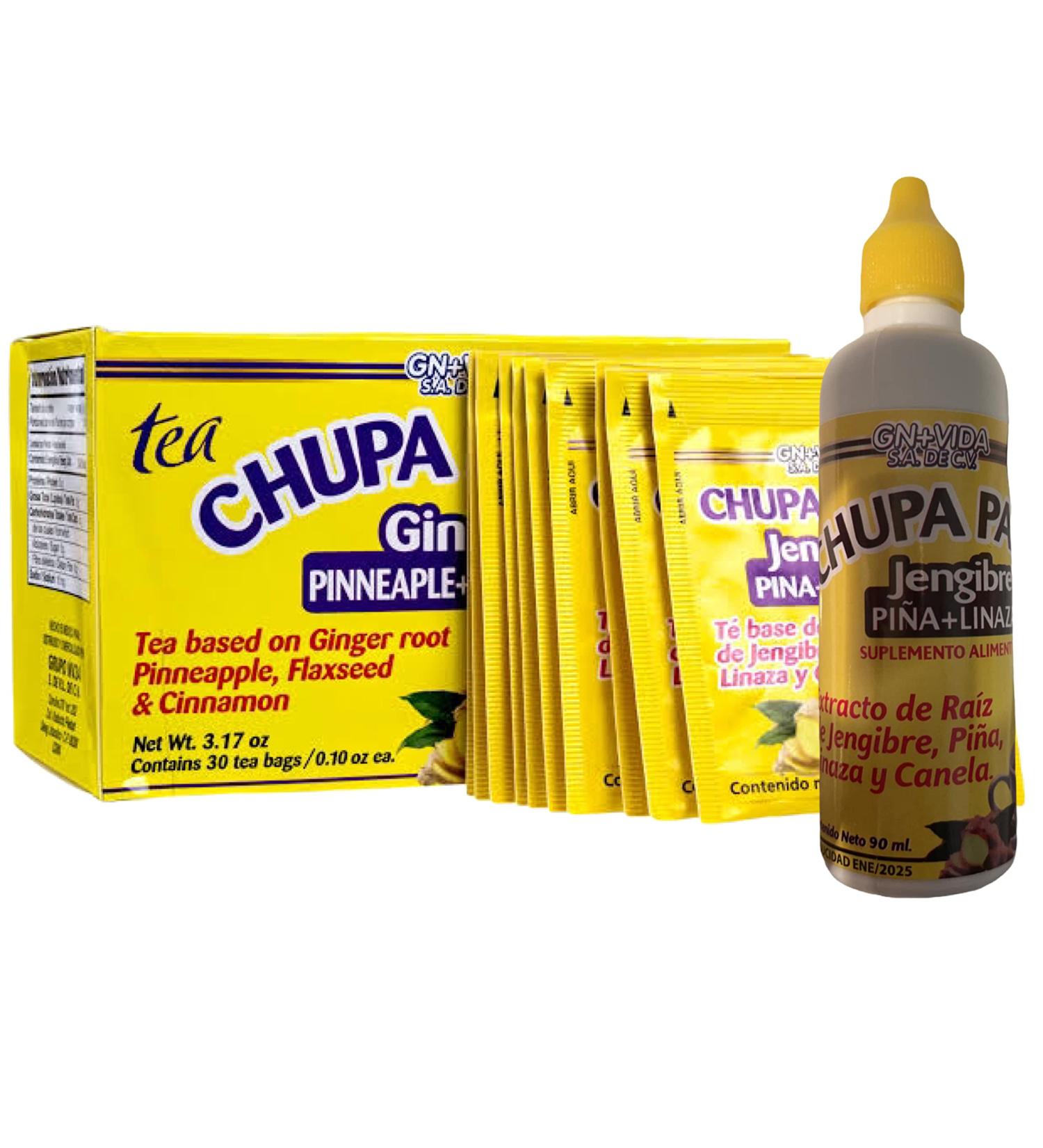 Buy Set 2x1 Tea CHUPA Grass & Panza with Chupa Grasa Extract - Ginger Pineapple Flaxseed & Cinnamon - 30 Tea Bags + 90ml Drops - International Shipping Available - Buy Online on GoSupps.com