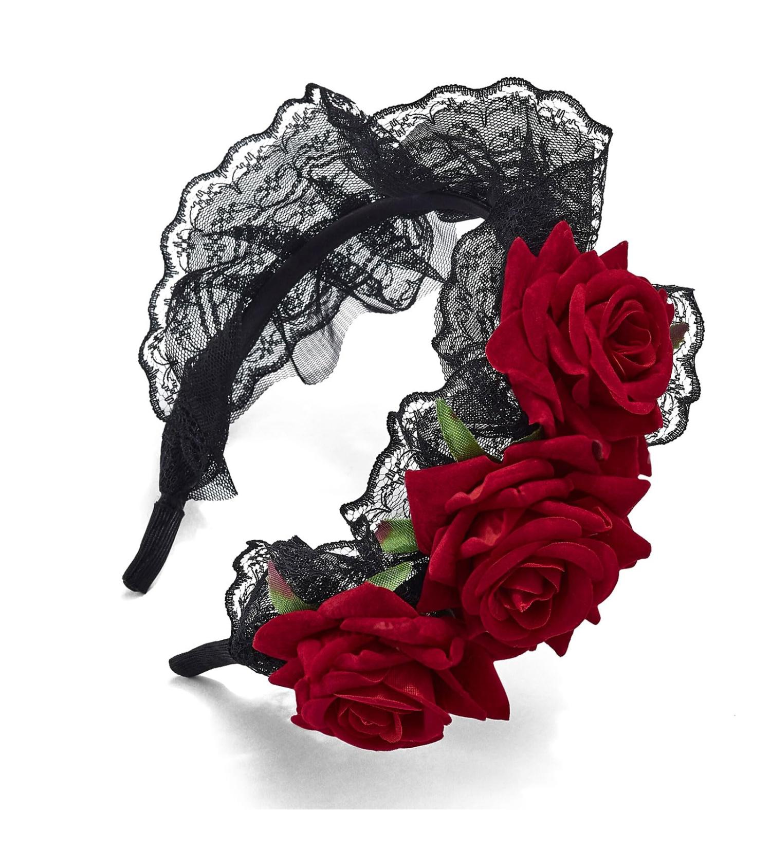 iwiio Halloween Hairband Flower Crown Headband Day of the Dead Headband Black Lace Hair Hoop for Halloween Costume Accessory Cosplay Festival Vintage Fancy Decor - Buy Online on GoSupps.com