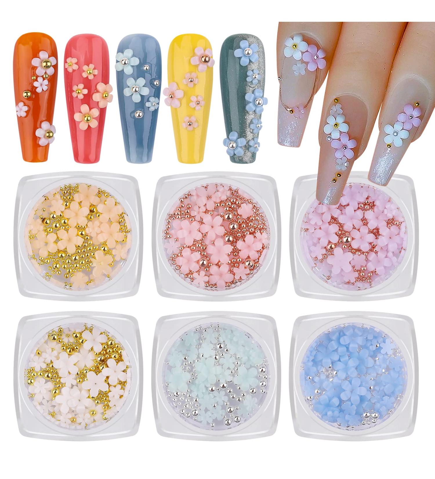 Kalolary 3D Colorful Flower Nail Charms & Silver Pearl Caviar Beads - Nail Art Decorations for Women and Girls (6 Boxes) - Buy Online on GoSupps.com