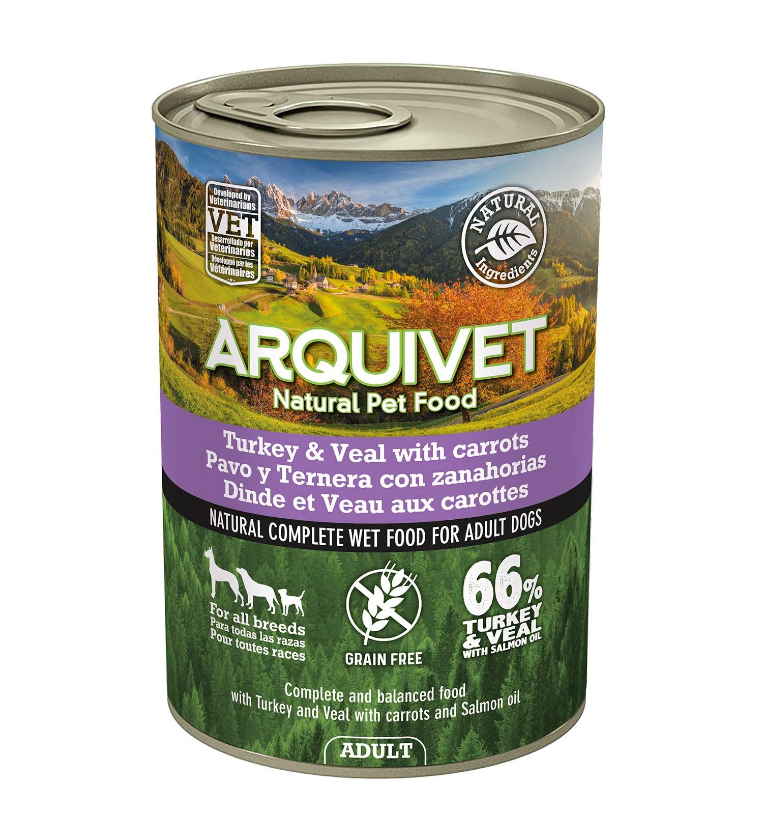 ARQUIVET Pack 6 units - Adult - Turkey and veal with carrots and salmon oil - 400 g - Wet food for dogs - For adult dogs All Breeds - Buy Online on GoSupps.com