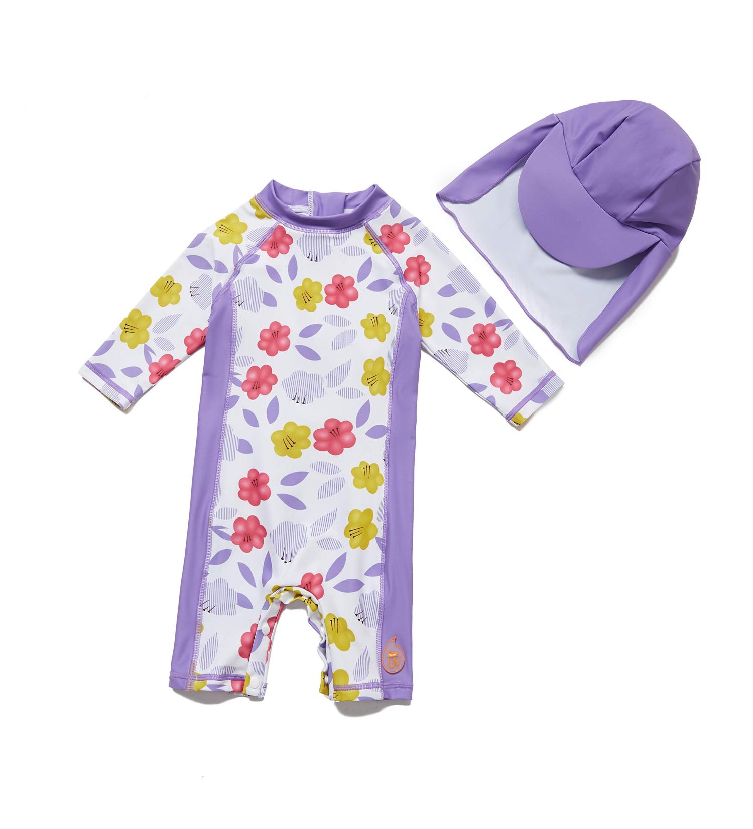 Bonverano Baby Girls Swimsuit/Sunsuit UPF 50+ with Sun Cap - 2 Years Purple Flowers - Buy Online on GoSupps.com