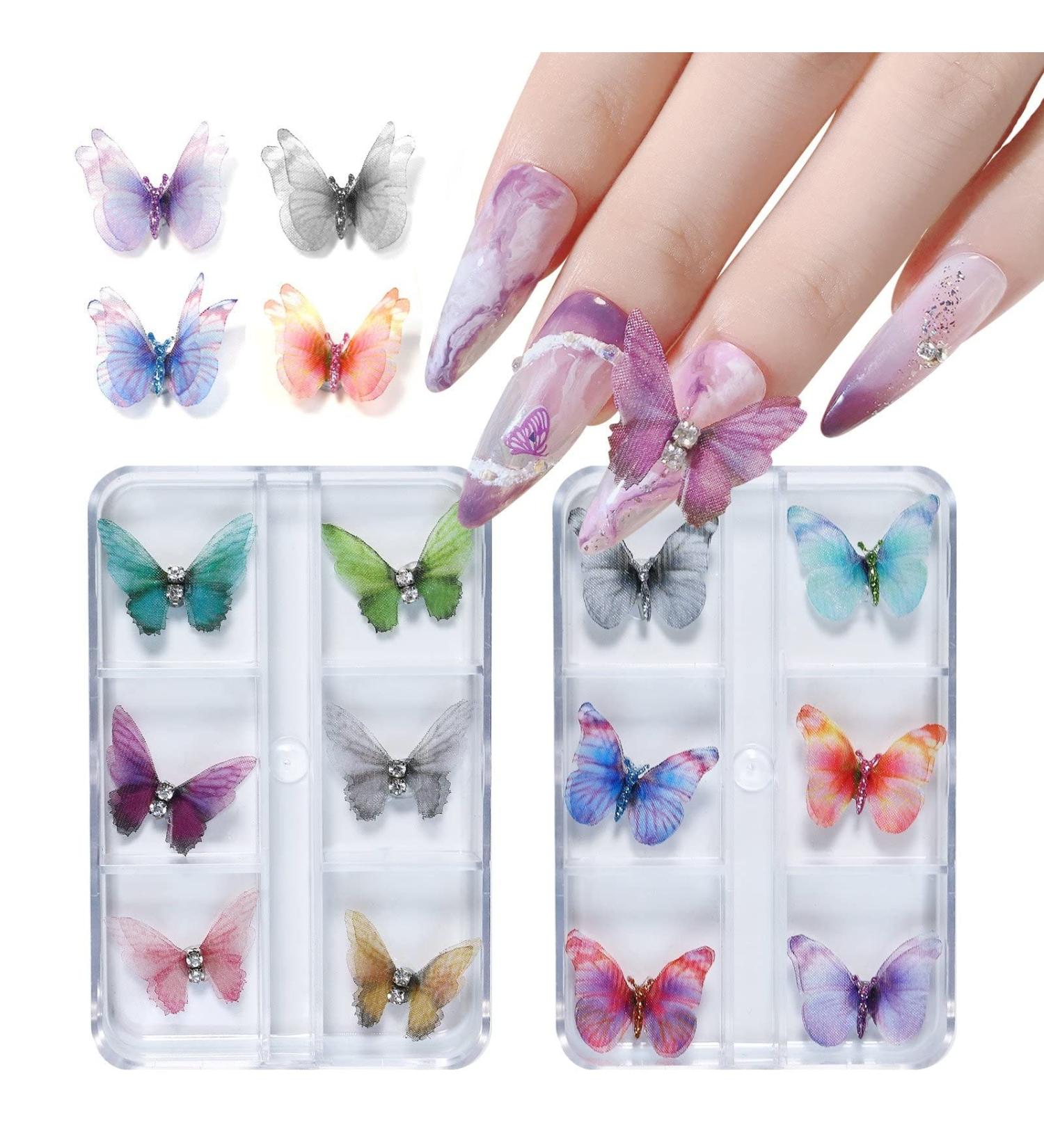 12pcs Butterfly Gauze Nails 3d Butterfly Nail Charms Glitter Clear Butterfly Nail Designs Colorful Butterfly Gauze for Nail Art Decoration & Diy Crafting - Buy Online on GoSupps.com