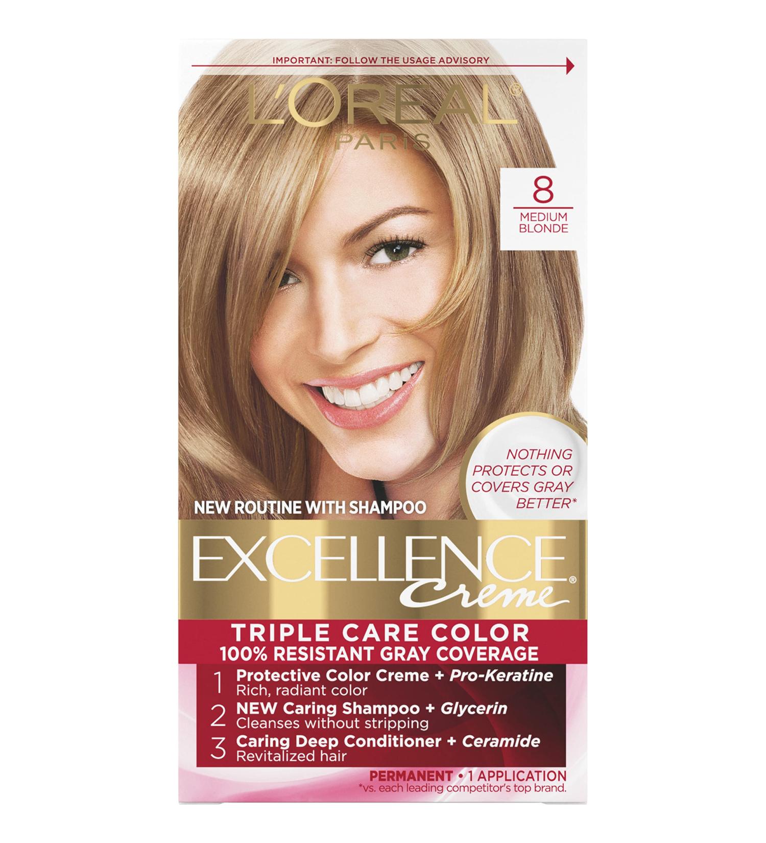 L'Oreal Paris Excellence Creme 8 Medium Blonde Hair Color - Gray Coverage, 8 Weeks, All Hair Types - Pack of 1 - Buy Online on GoSupps.com