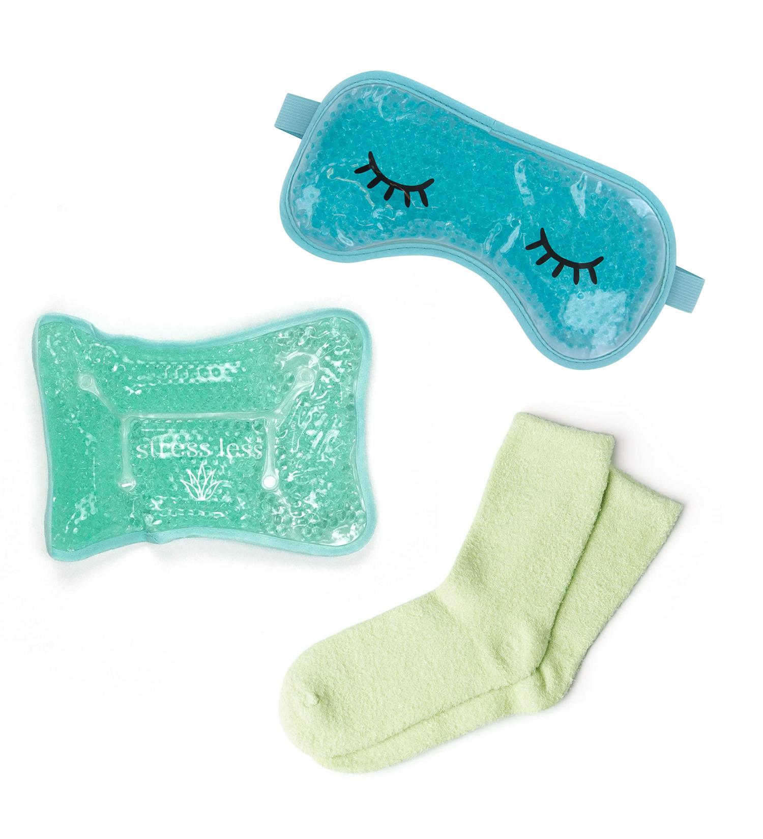 Relaxation Spa Bundle: Lemon Lavender Eye Mask, Spa Pillow, and Aloe Socks - Blue & Green - Buy Online on GoSupps.com
