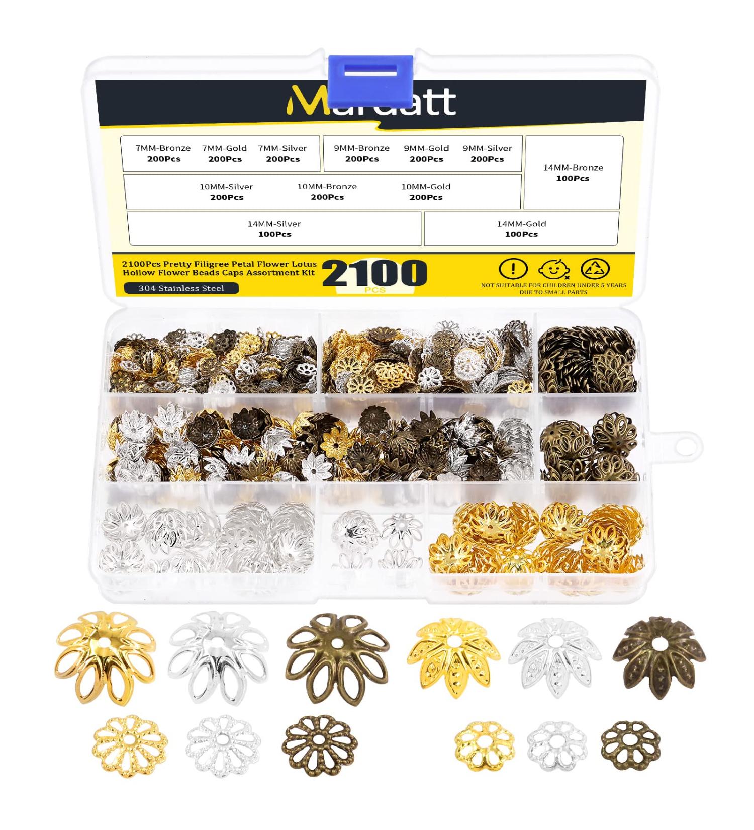Mardatt 2100PCS Metal Bead Caps Assortment Set - 12 Styles, 7/9/10/14mm, Hollow Flower Spacer End Caps in Bronze/Gold/Silver - DIY Jewelry Making Supplies - Buy Online on GoSupps.com