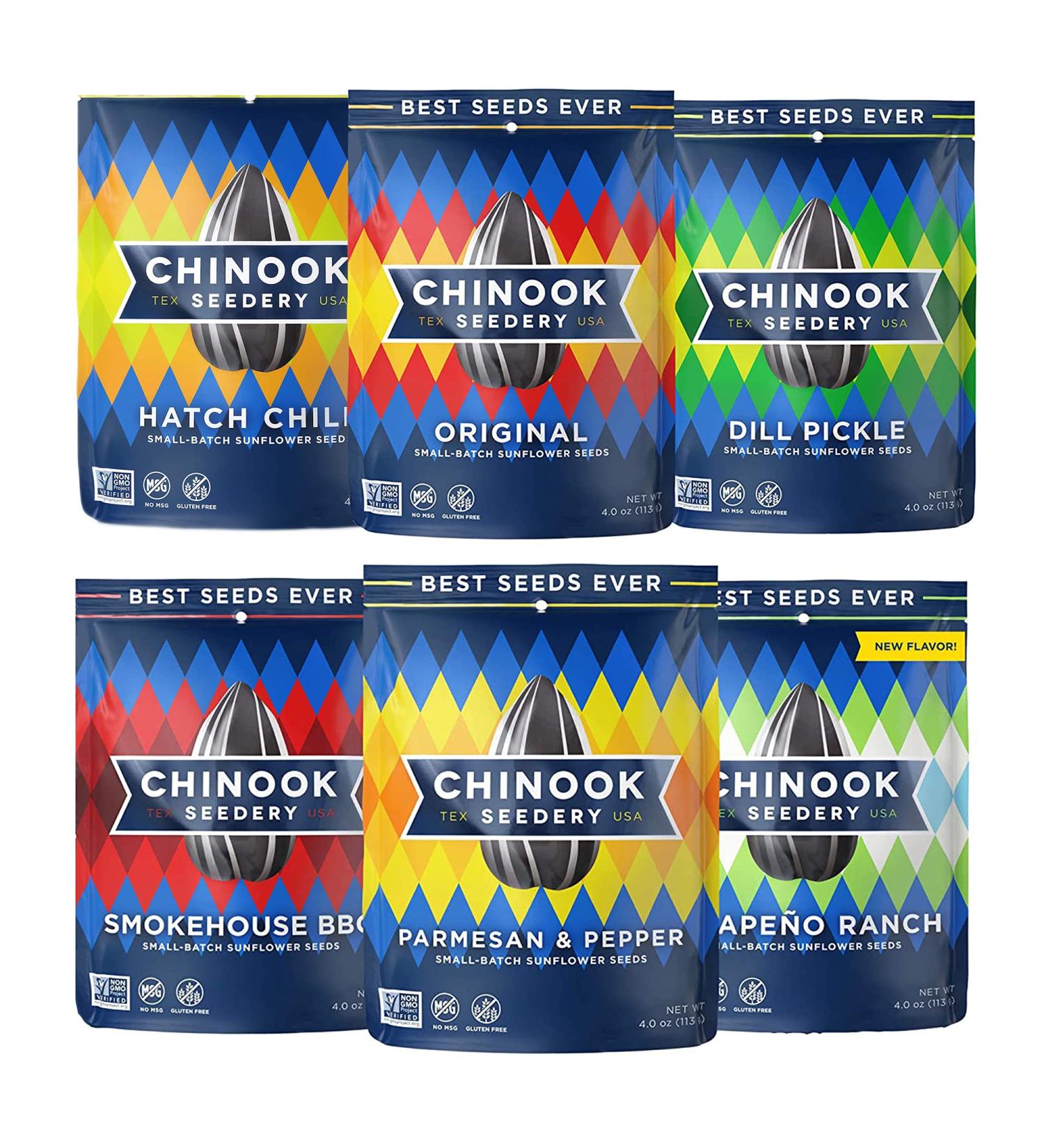 Chinook Seedery Roasted Jumbo Sunflower Seeds - Keto Snacks Sampler - Gluten Free & Non-GMO - 6 Flavor Variety Pack (4 oz, Pack of 6) - Buy Online on GoSupps.com