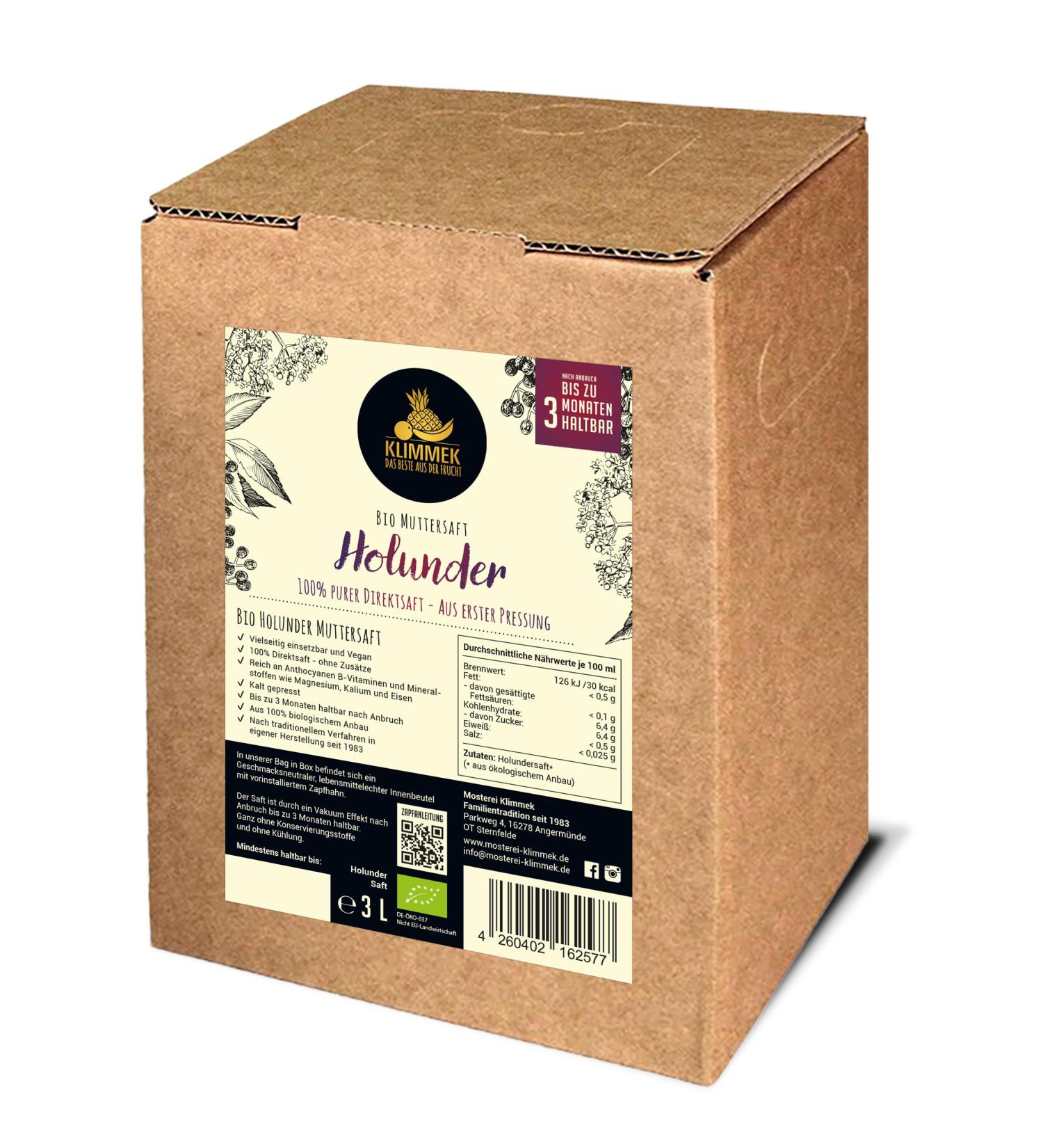 Klimmek Premium Organic Elderberry Juice - Elderberry Juice 100% ORGANIC Direct Juice Mother Juice - pure without additives 3 L Bag in Box