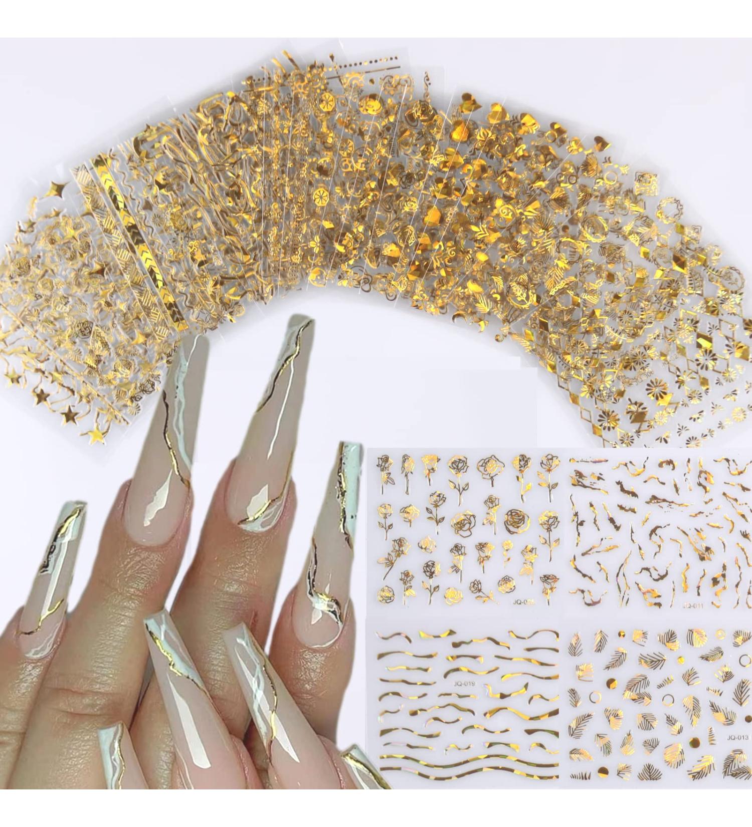 30-Piece Gold 3D Self-Adhesive Nail Stickers - Flower, Line, Lace, and Leaf Design | DIY Nail Art Decals for Acrylic Nails | Women's & Girls' Nail Supplies - Buy Online on GoSupps.com