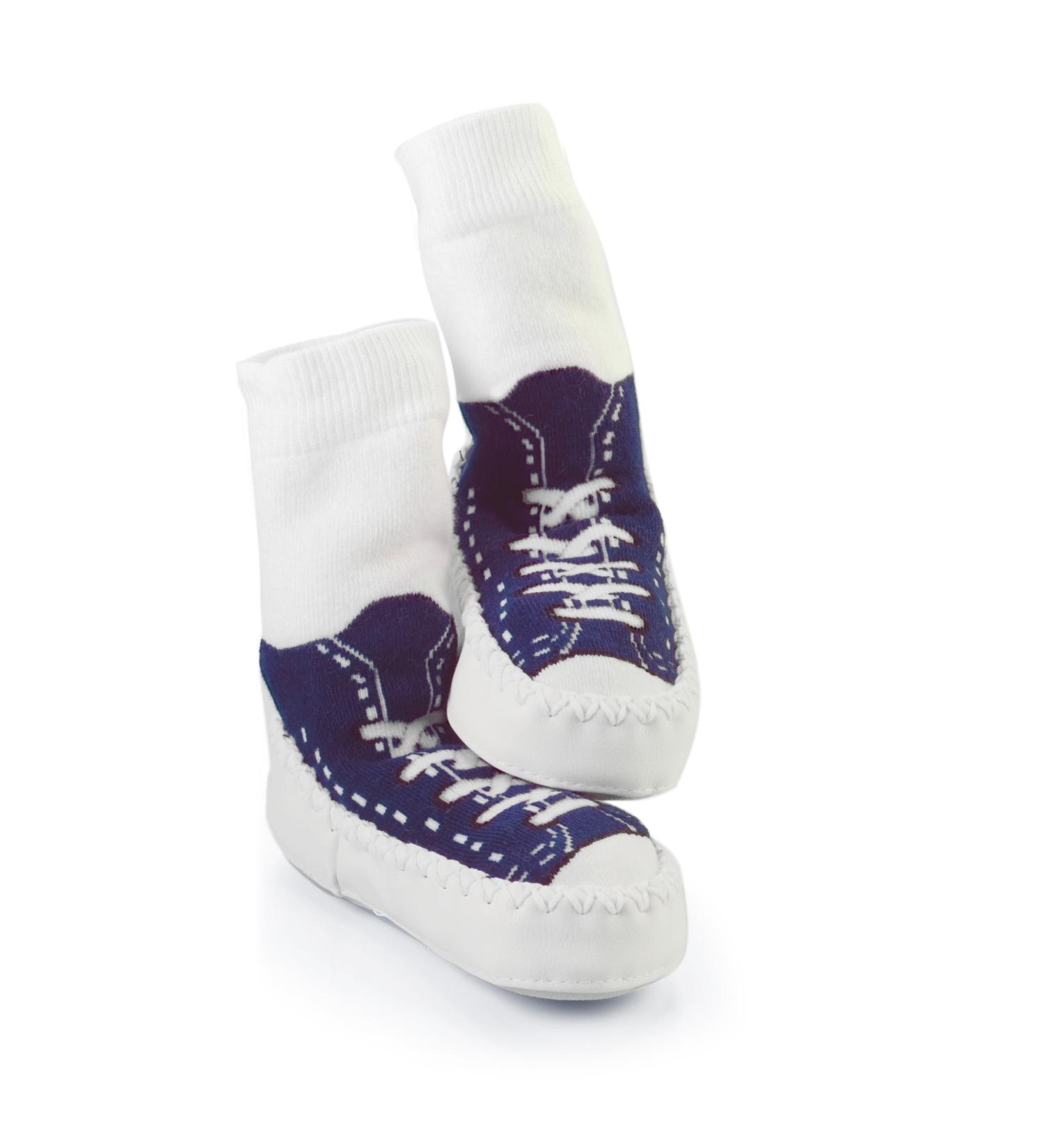 Mocc Ons moccasin washable leather sole slipper socks (12-18 Months Sneaker Navy) 12-18 Months Sneaker Navy