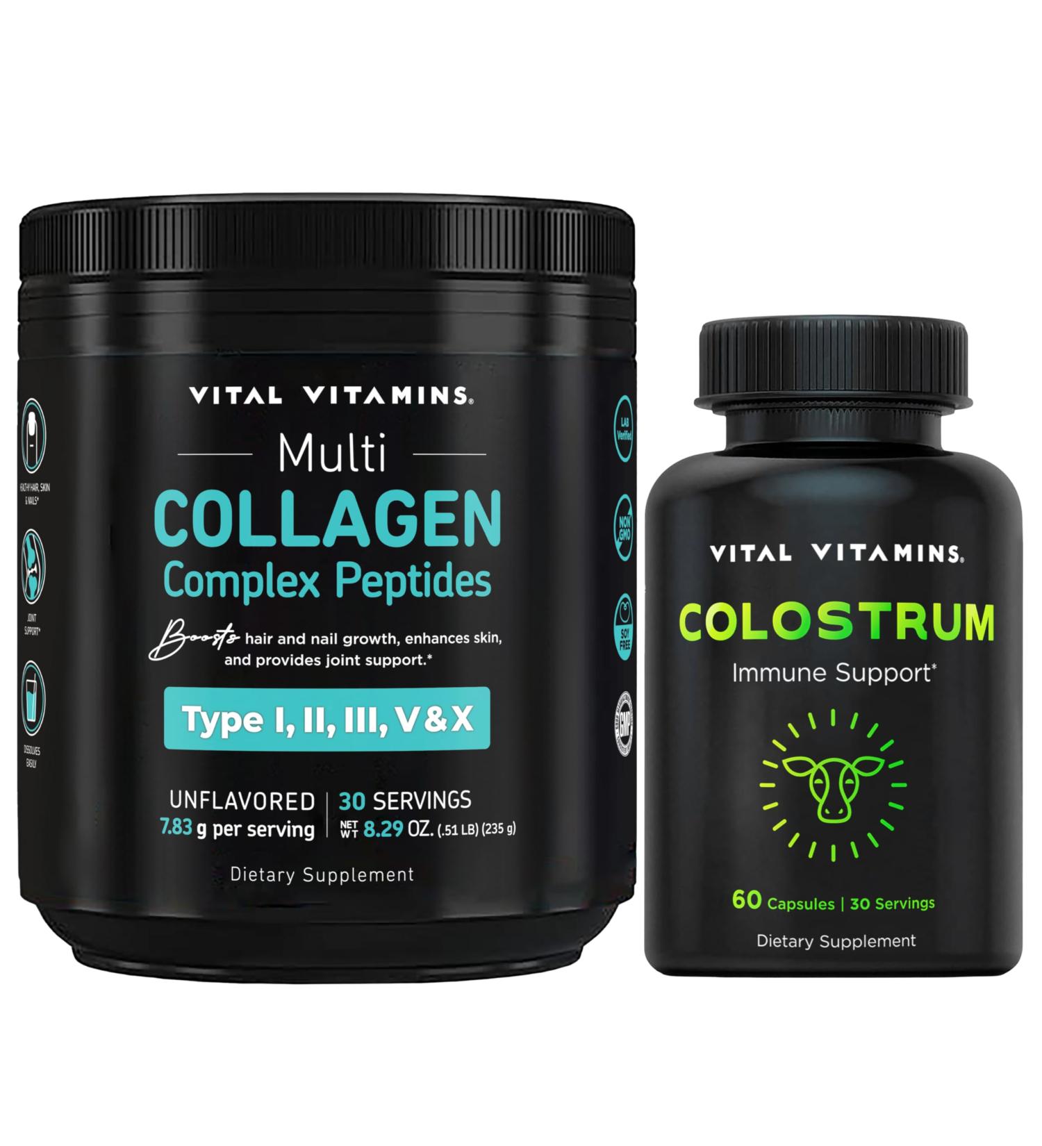 Vital Vitamins Multi Collagen Peptides Powder + Colostrum Capsules with Vitamin C Zinc - Buy Online on GoSupps.com