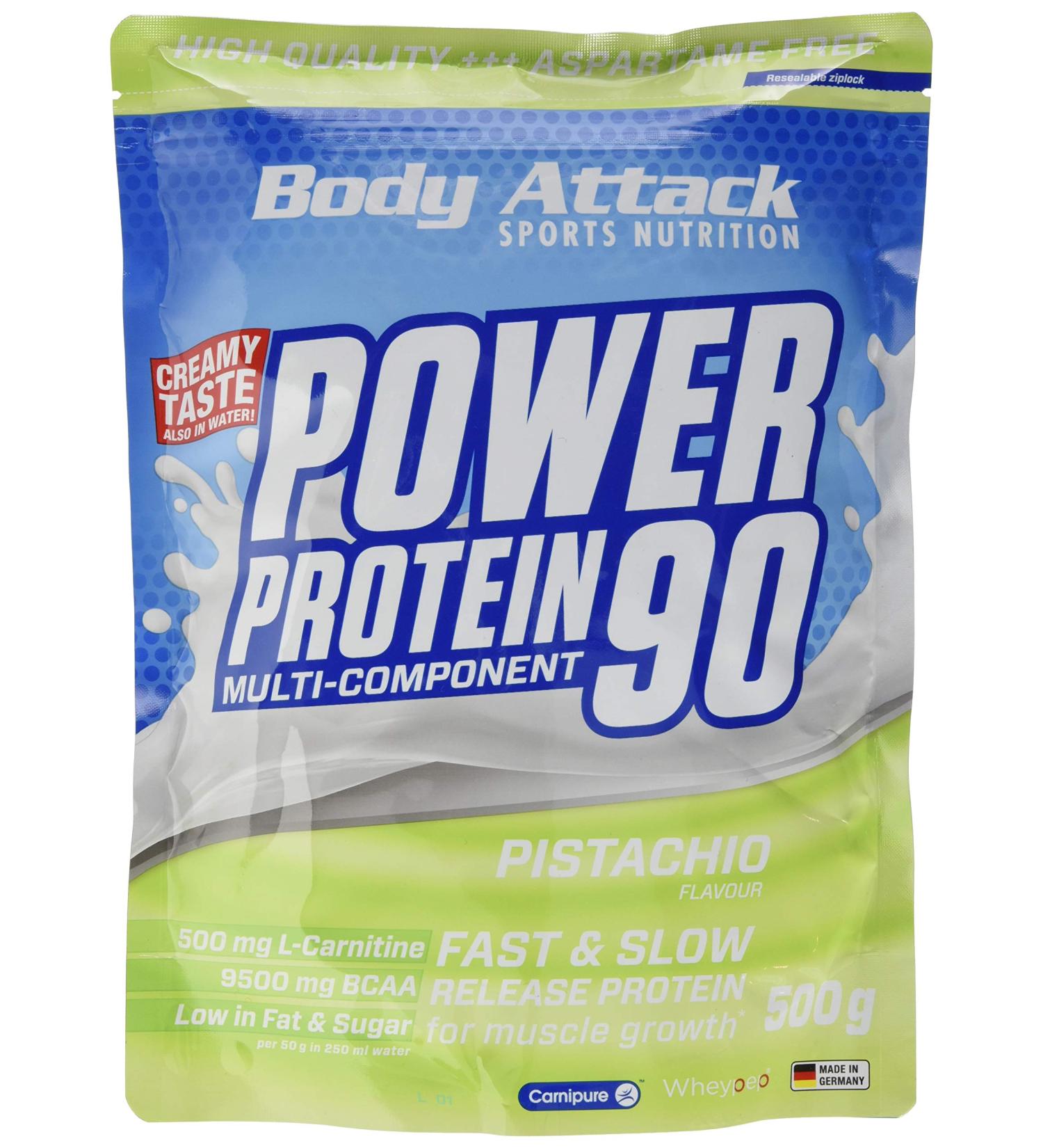 Body Attack Power Protein 90 - 500g Pistachio Protein Powder - Multi-Component with BCAA Vitamins & L-Carnitine - Creamy Taste & Easy Mixing - Made in Germany - Buy Online on GoSupps.com