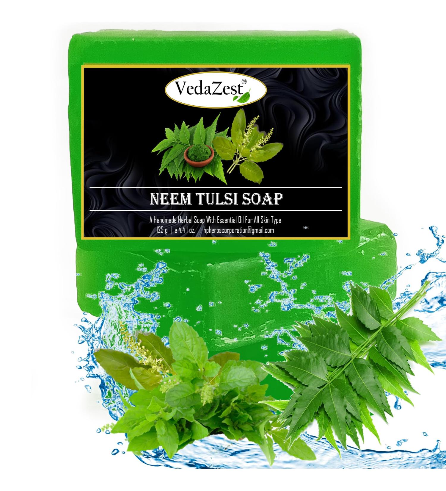 Neem Tulsi Handmade Soap Bars - 125g | Herbal Neem Tulsi Soap for Acne Dirt & Impurities | Set of 3 Natural Soap Bars - Buy Online on GoSupps.com