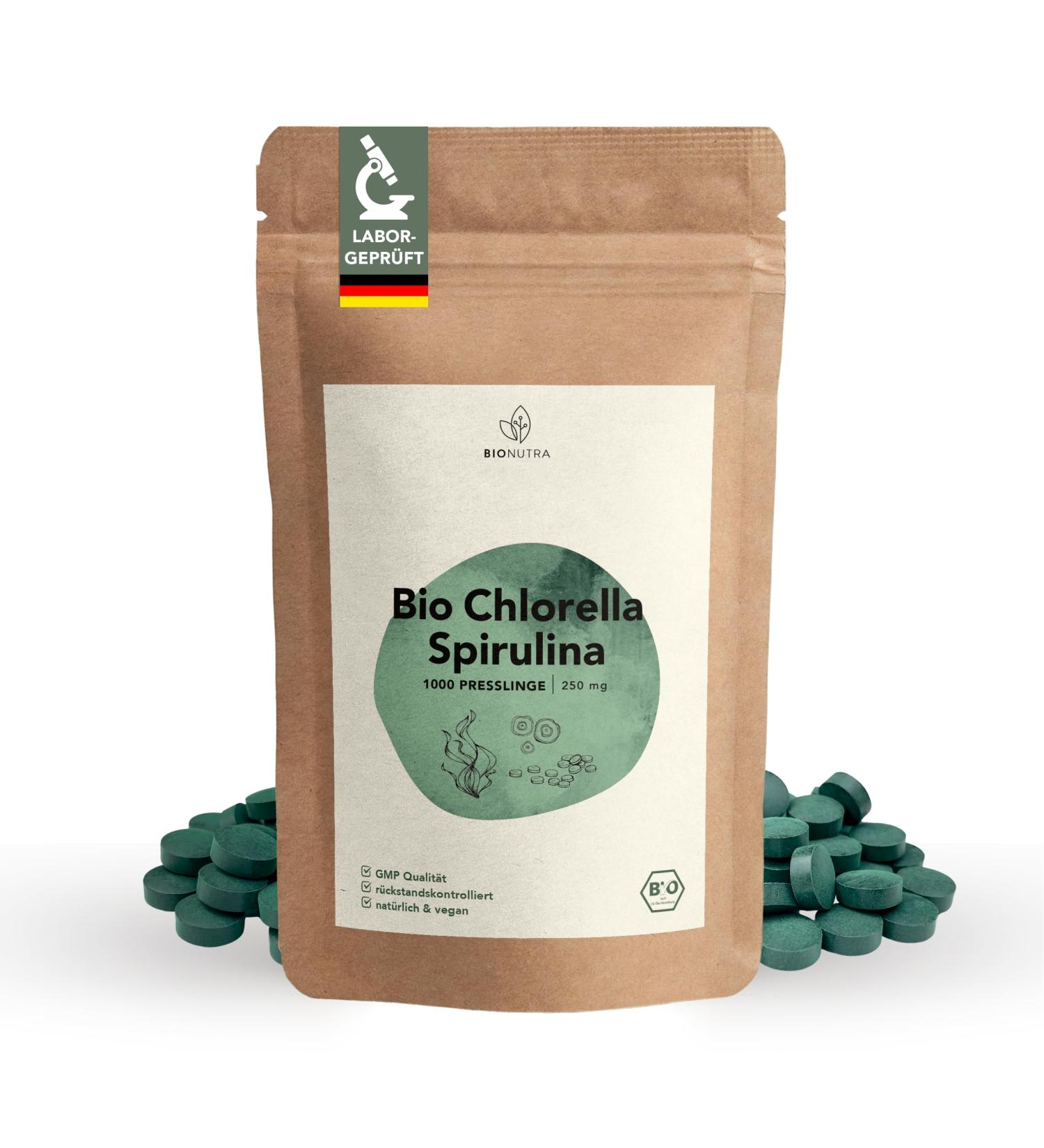 BIONUTRA Organic Chlorella & Spirulina | Tablets | 250g | Organic Farming | No Additives | 1000 x 250mg | Opaque and Resealable Packaging - Buy Online on GoSupps.com