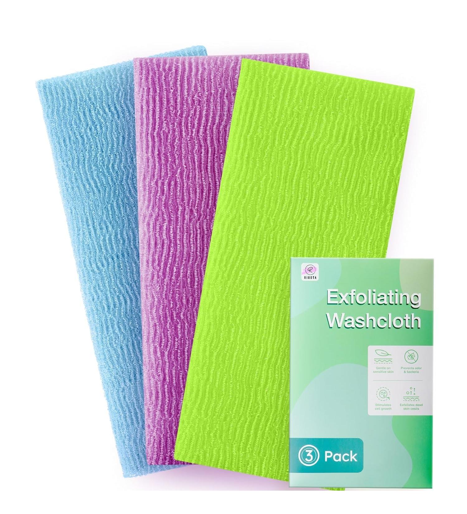 3-Pack Exfoliating Washcloth Set - African Net Sponge & Japanese Loofah for Body & Face Exfoliation - Purple Blue Green - Buy Online on GoSupps.com