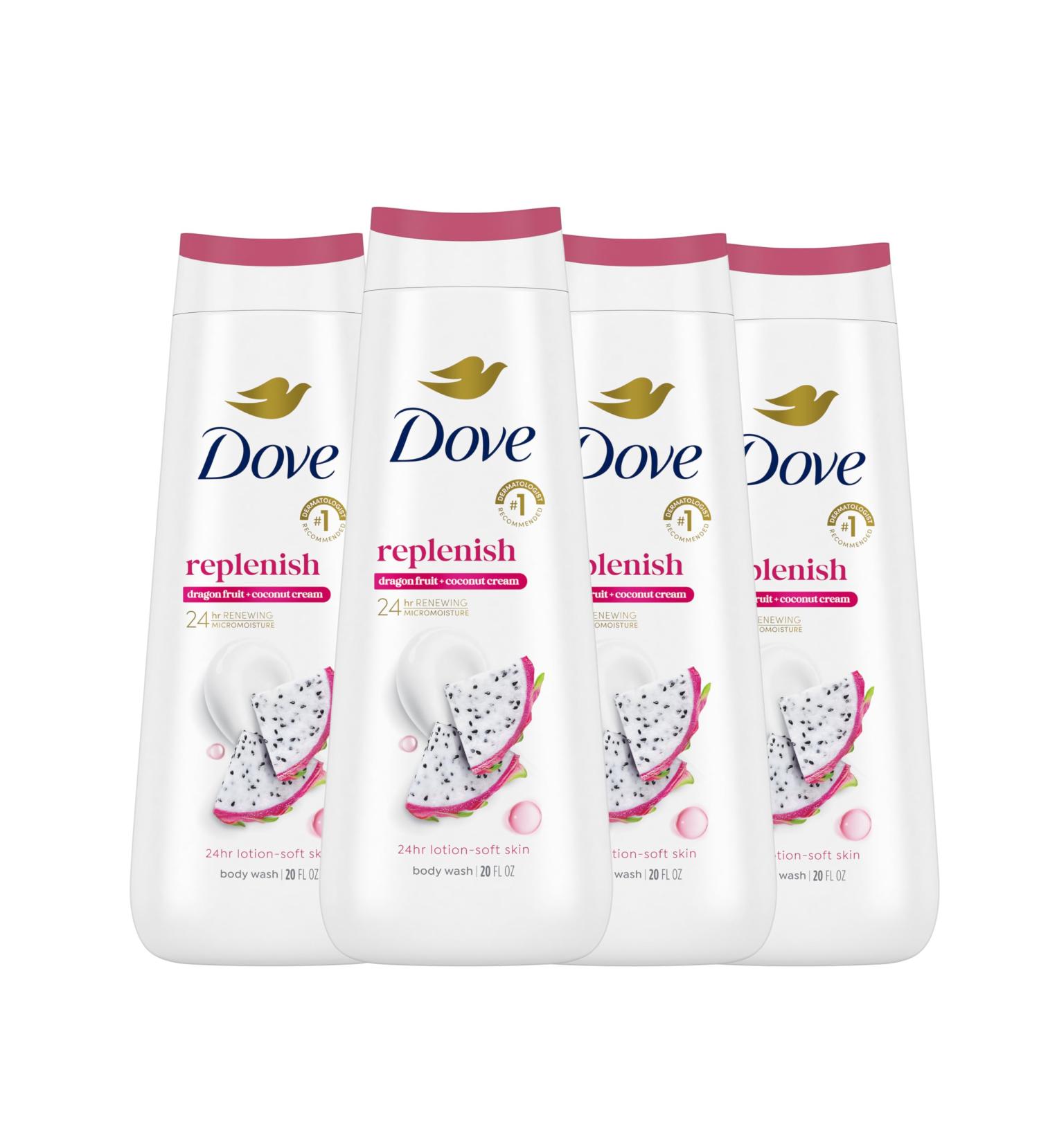 Dove Body Wash 4 Count for 24hr Lotion-Soft Skin Replenish Dragon Fruit and Coconut Cream Moisturizing Skin Cleanser with No Sulfates No Parabens - Buy Online on GoSupps.com