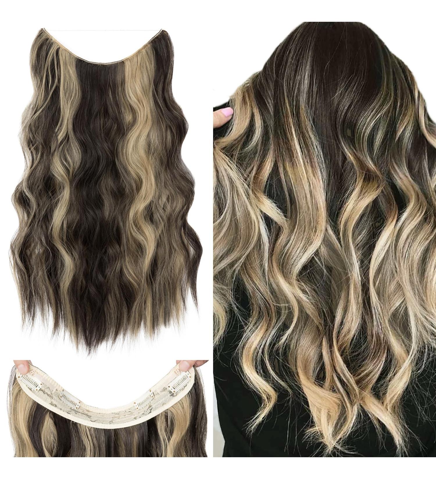 Silk-Co Hair Extensions with Rubber Band - Adjustable Secrets Synthetic Long Corrugated Extensions for Women | Dark Brown & Golden Highlights - 50 cm - Buy Online on GoSupps.com