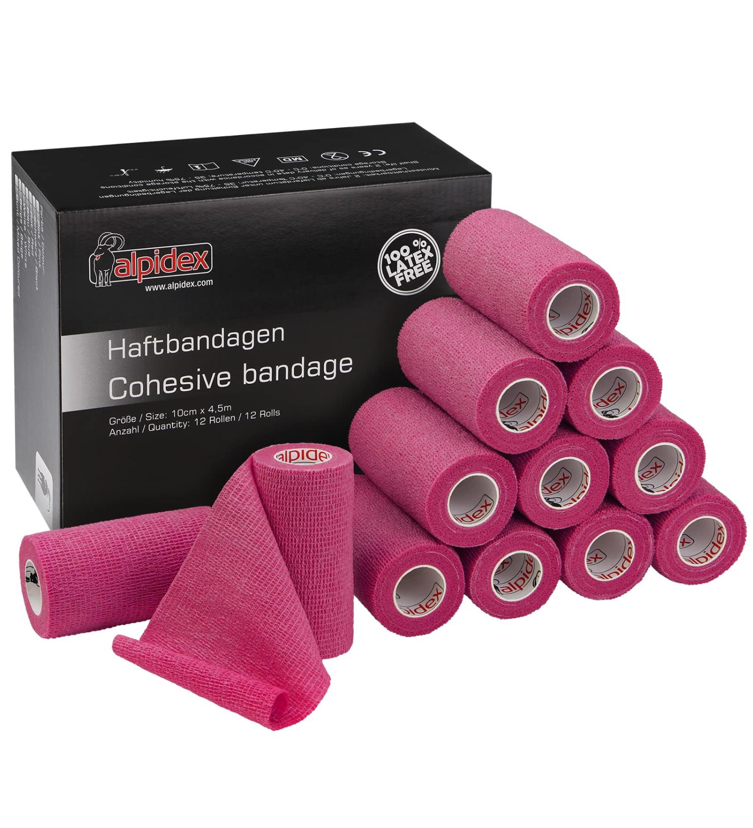 Alpidex 12 Rolls Pink Self-Adhesive Bandage Tape - 10cm x 4.5m Vet Wrap for Pets & Sports - Durable & Easy to Use - Buy Online on GoSupps.com