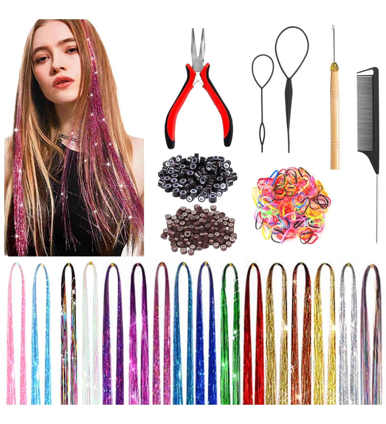16 Colours 3200 Strands Tinsel Hair Kit Hair Tinsel Extensions Glitter Hair Tinsel Extension 37 Inch Fairy Hair Braiding Accessories Tool for Girls - Buy Online on GoSupps.com