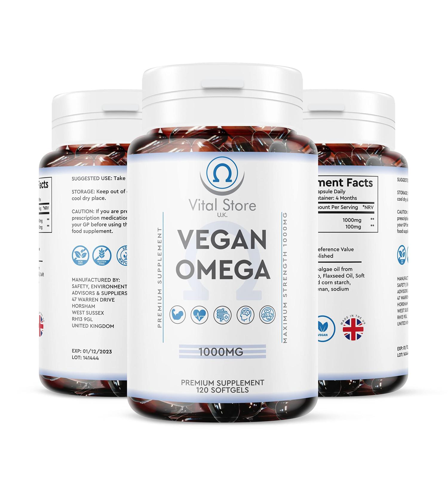 Vegan Omega 3 6 9 DHA & EPA Oil 1000mg - 4 Month Supply | Algae Oil Soft gels - High Strength - Buy Online on GoSupps.com