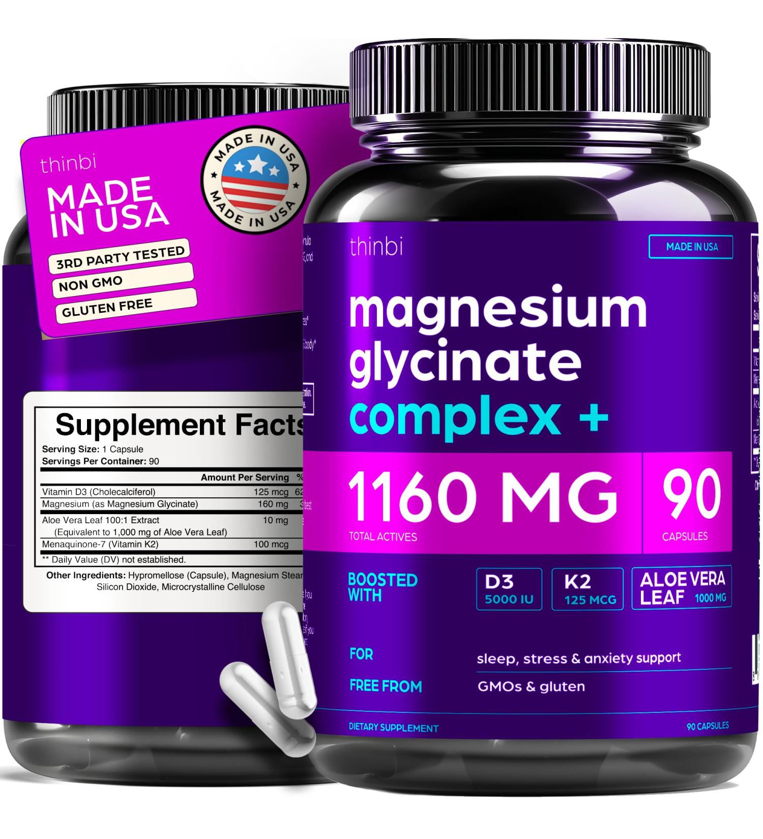 Magnesium Glycinate 1160mg + Aloe Vera D3 & K2 Complex 90 Capsules - High Absorption Non-Laxative - Supports Muscle Function & Healthy Metabolism Chelated Formula - Buy Online on GoSupps.com