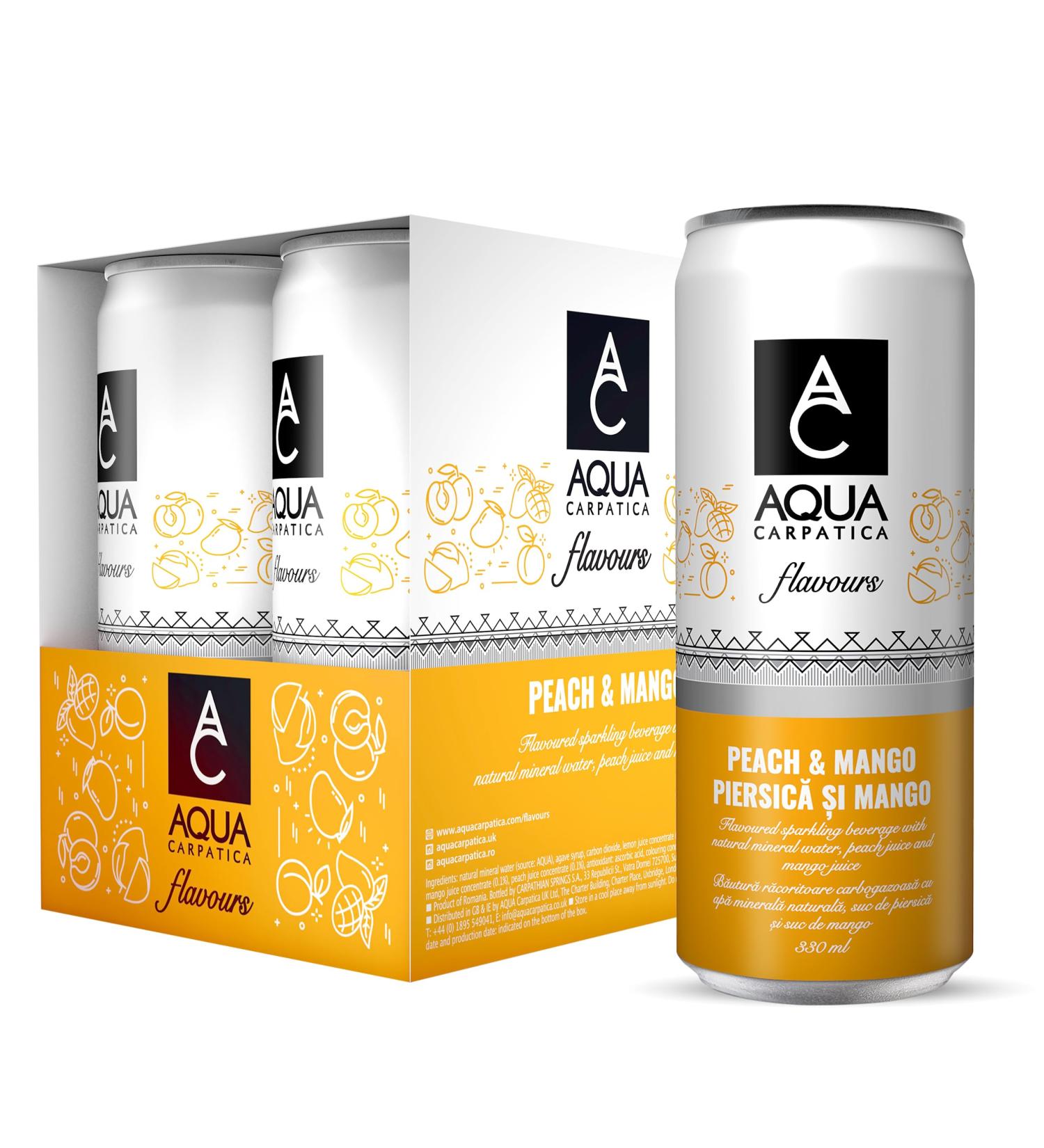 AQUA Carpatica Sparkling Mango & Peach 330ml x 4 - Natural Fruit Juice Infused Sparkling Water - Buy Online on GoSupps.com
