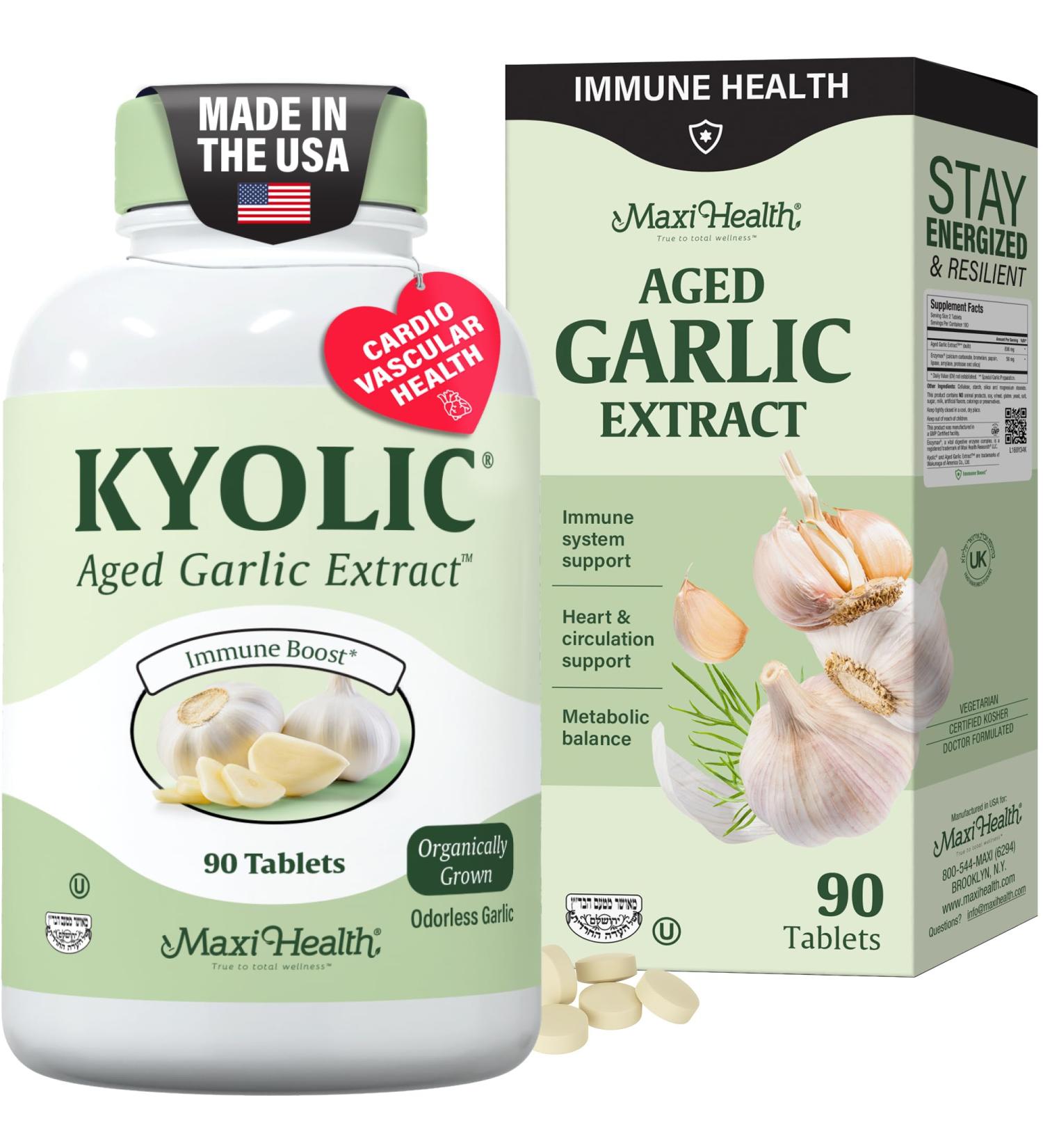 Maxi Health Kyolic Organic Garlic Supplement - Kosher Garlic Tablets with Kyolic Aged Garlic Extract for Immune Support - Vegetarian Garlic Pills (90 Count) 90 Count (Pack of 1) - Buy Online on GoSupps.com