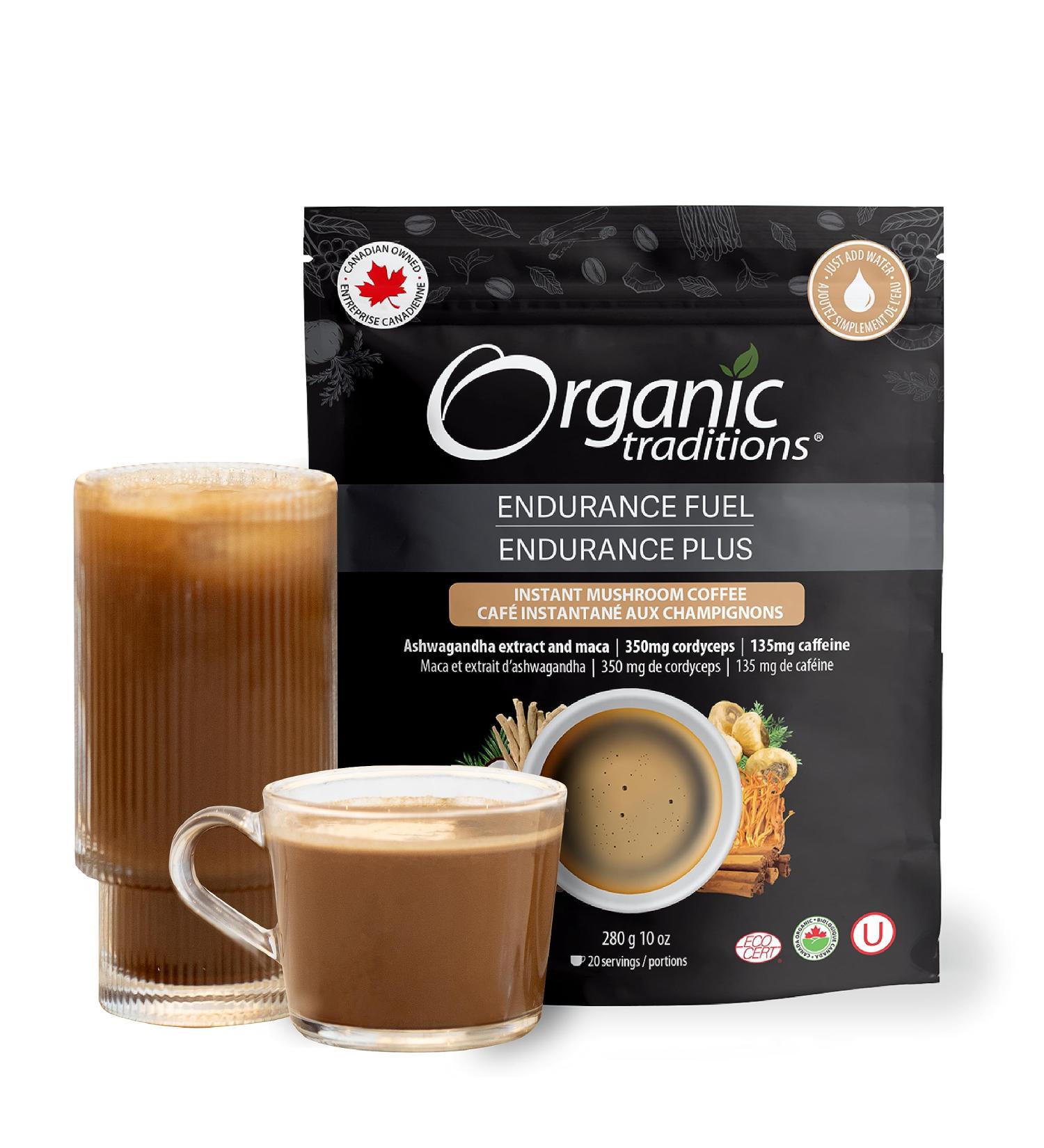 Organic Traditions | Endurance Fuel Mushroom Coffee | 100% Organic Instant Mushroom Coffee with Cordyceps Ashwagandha Extract & Maca | 135mg of caffeine per cup | 280 grams / 10oz Bag - Buy Online on GoSupps.com
