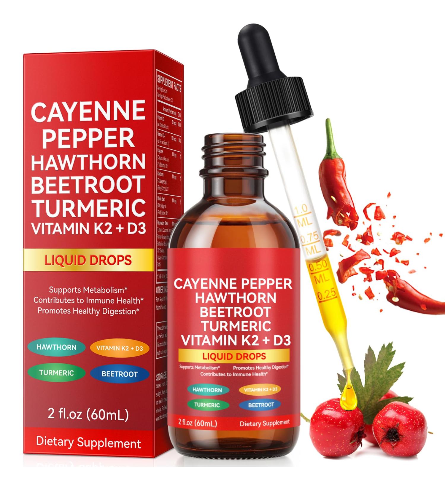 Cayenne Pepper Drops 60ml Cayenne Pepper Hawthorn Beet Root Turmeric Curcumin Vitamin K2 & D3 Gentle Formula Vegan-Friendly Easily Absorbed - Buy Online on GoSupps.com