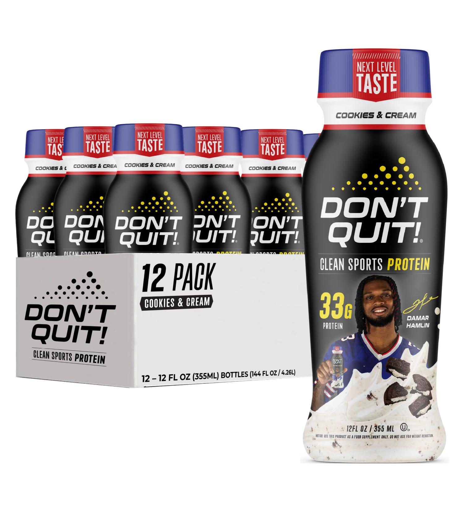 DON T QUIT Clean Sports Protein Shake - 33 Grams of Protein Per Serving with 26 Vitamins & Minerals and Only 1 Gram of Sugar - No Artificial Colors Flavors or Sweeteners (Cookies & Cream 12 Pack)