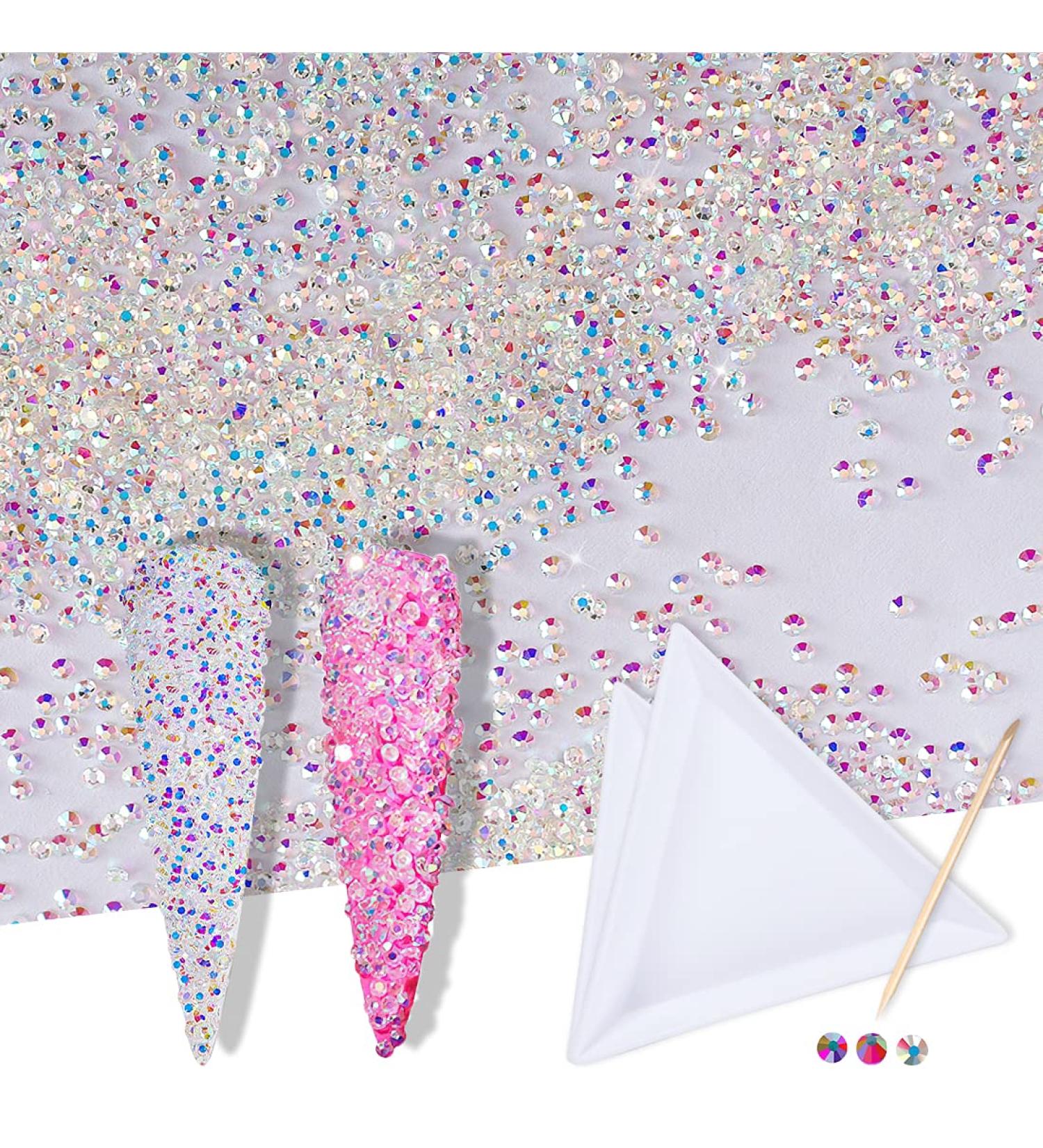 1.2mm AB Mini Rhinestones - 15600pcs Ultra Mini Diamond Beads for Nail Art & DIY Crafts | Iridescent Pixie Crystals, Long Lasting Like Swarovski - Includes 2 Triangle Trays & Stick - Buy Online on GoSupps.com