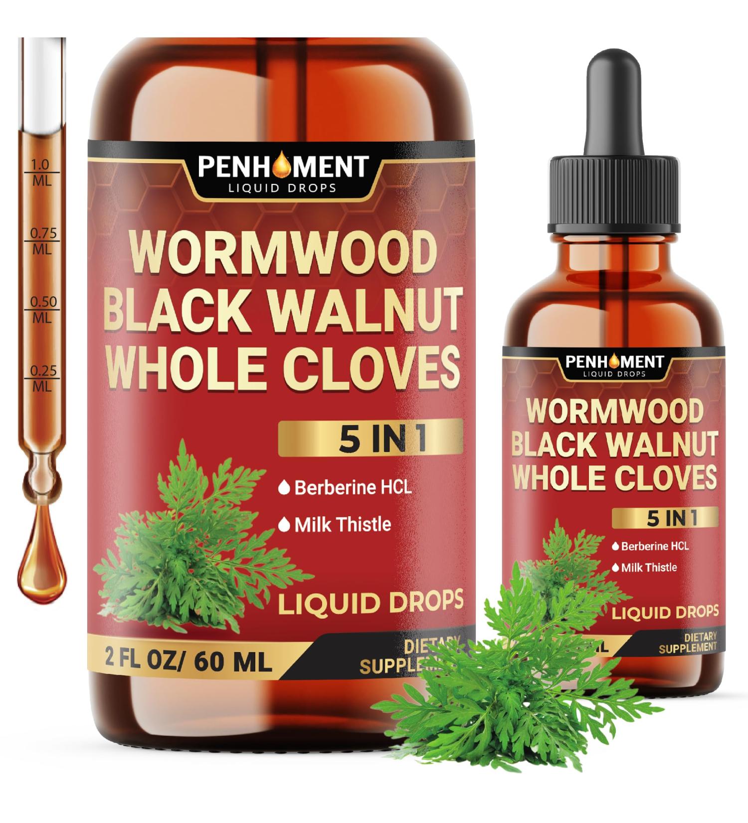 Penhoment 5in1 Wormwood Liquid Drops - Black Walnut Cloves Extract, Berberine, Milk Thistle - 2 Fl oz - 60 Days Supply - Buy Online on GoSupps.com