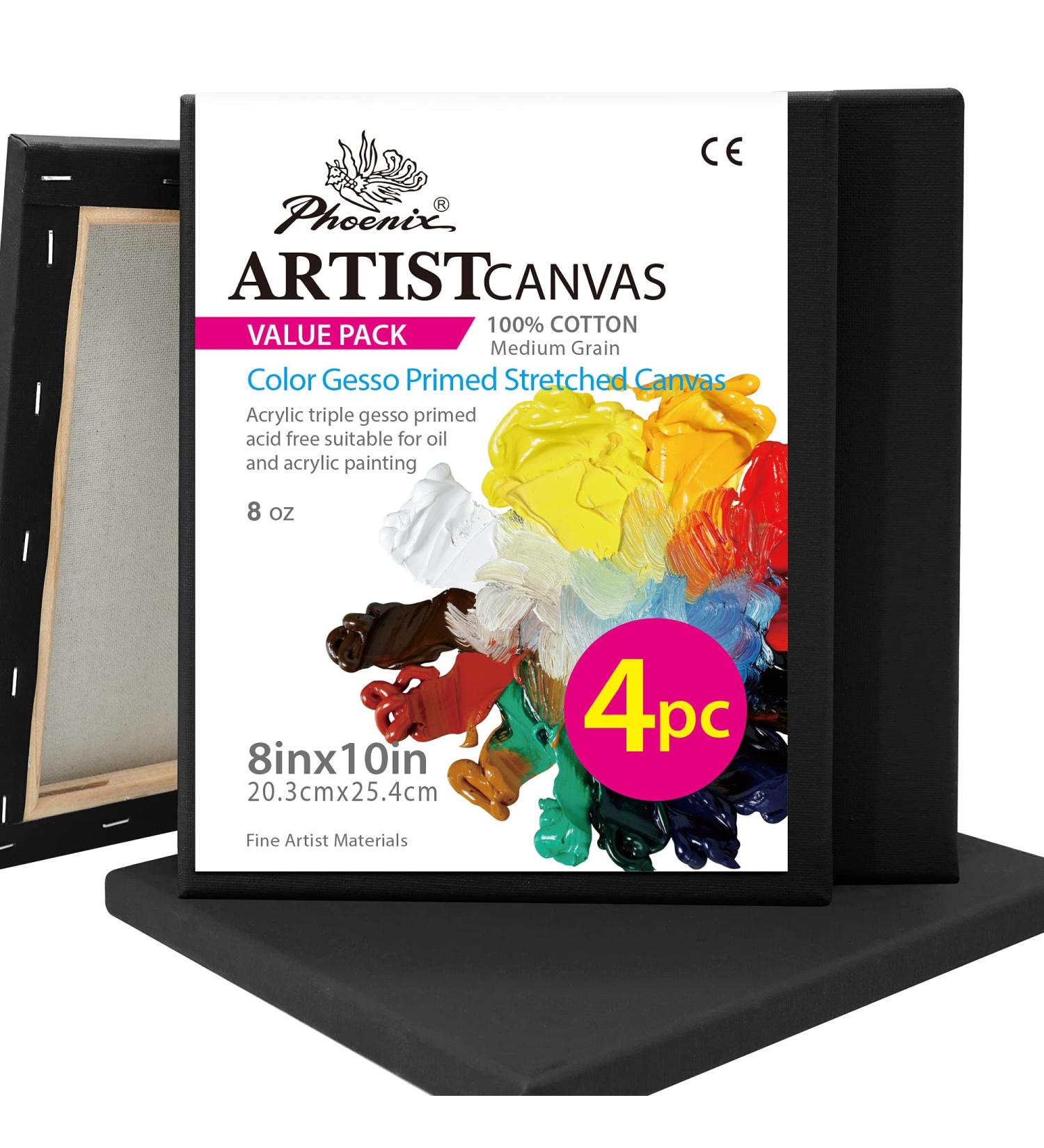 PHOENIX Black Stretched Canvas 8x10 Inch/4 Pack - Quadruple Gesso Primed Cotton Canvases for Painting & Crafts - Buy Online on GoSupps.com