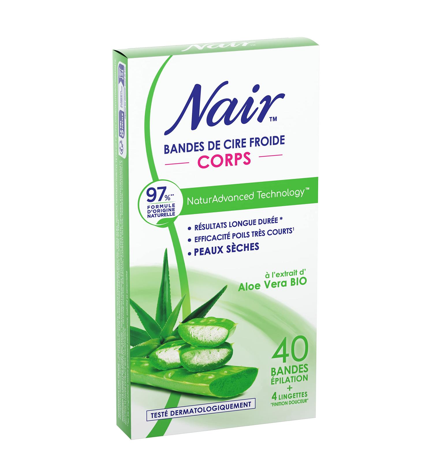 Nair-cold wax strips for the body especially for dry skin with organic aloe vera extract 97% natural origin natural advanced technology 40 stripes
