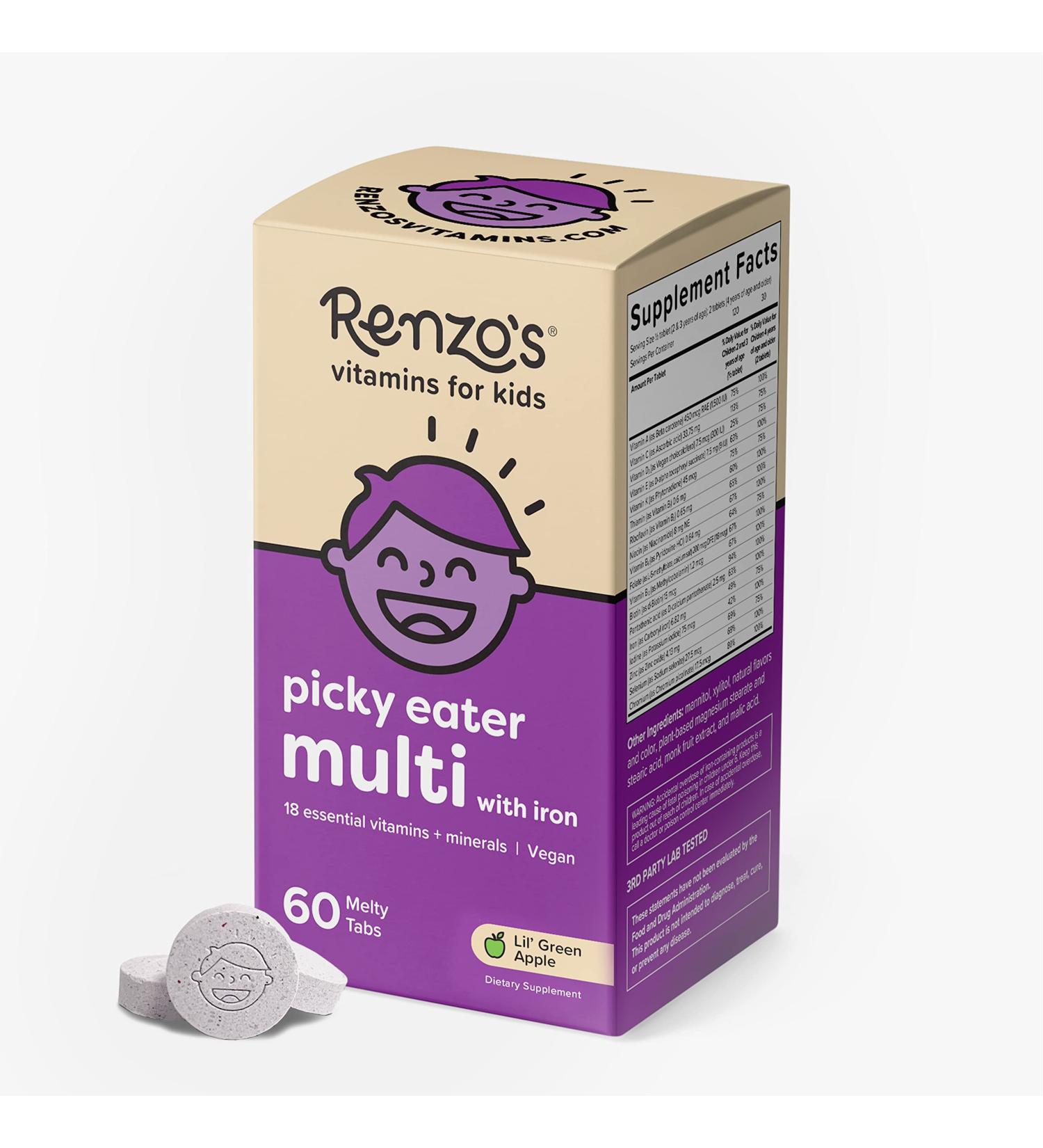 Renzo's Picky Eater Kids Multivitamin with Iron | Dissolvable, Sugar-Free Apple Flavored (60 Melty Tabs) - Buy Online on GoSupps.com