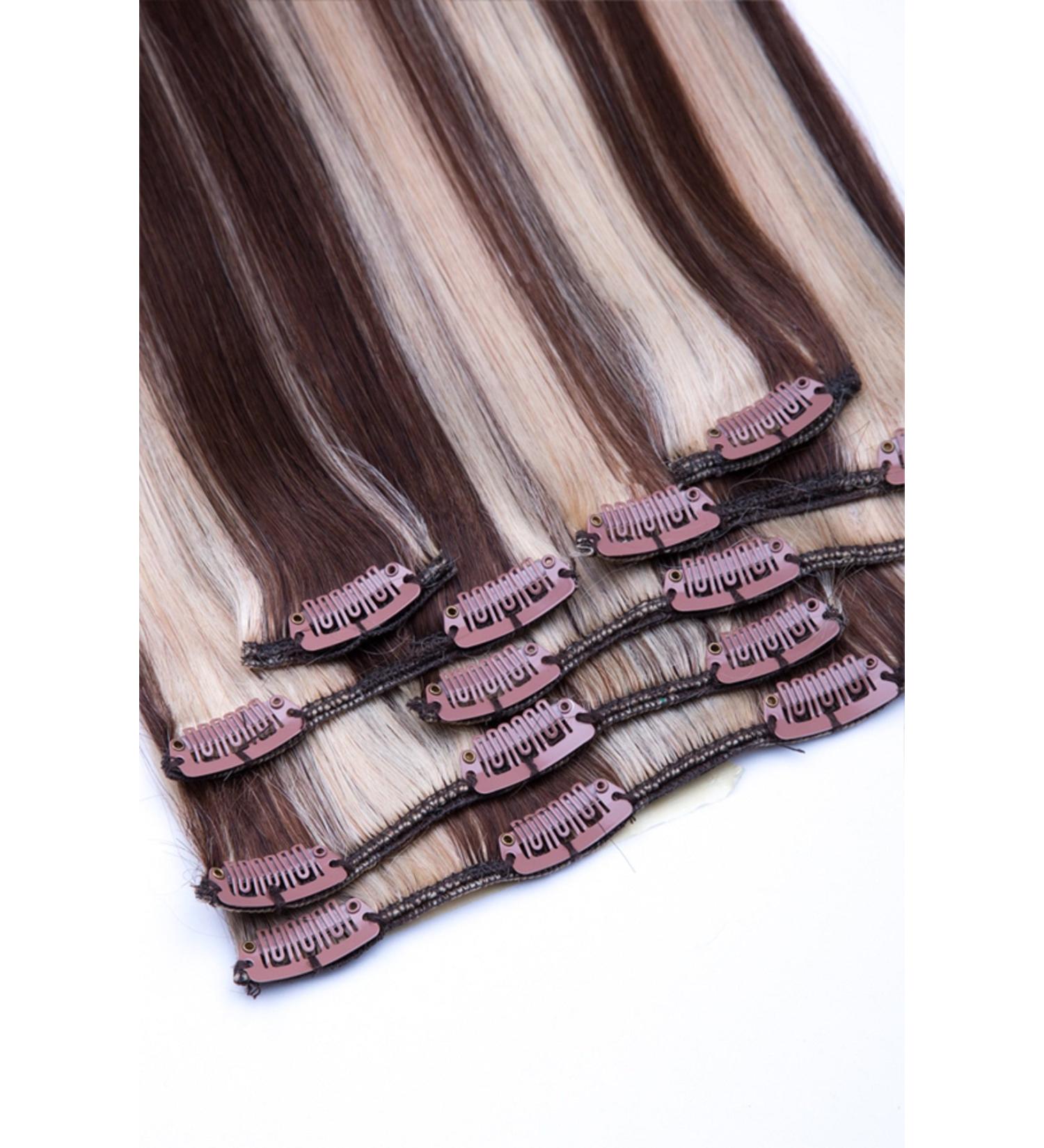 Clip In Extensions Set - 100% Real Hair 7 Pieces 70g 45cm | No. 4/613 Chocolate Brown Blonde Highlights - Worldwide Shipping - Buy Online on GoSupps.com